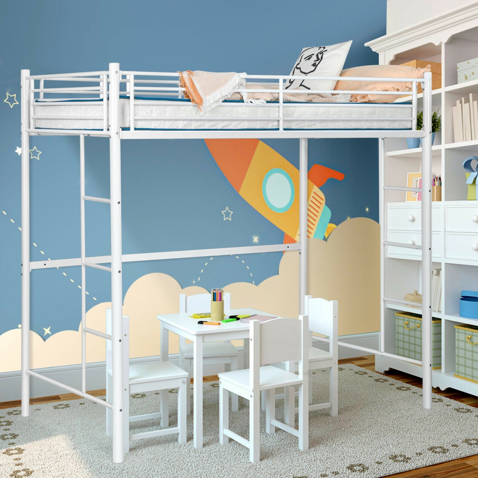 Twin Loft Bed Frame with 2 Ladders Full-length Guardrail -White