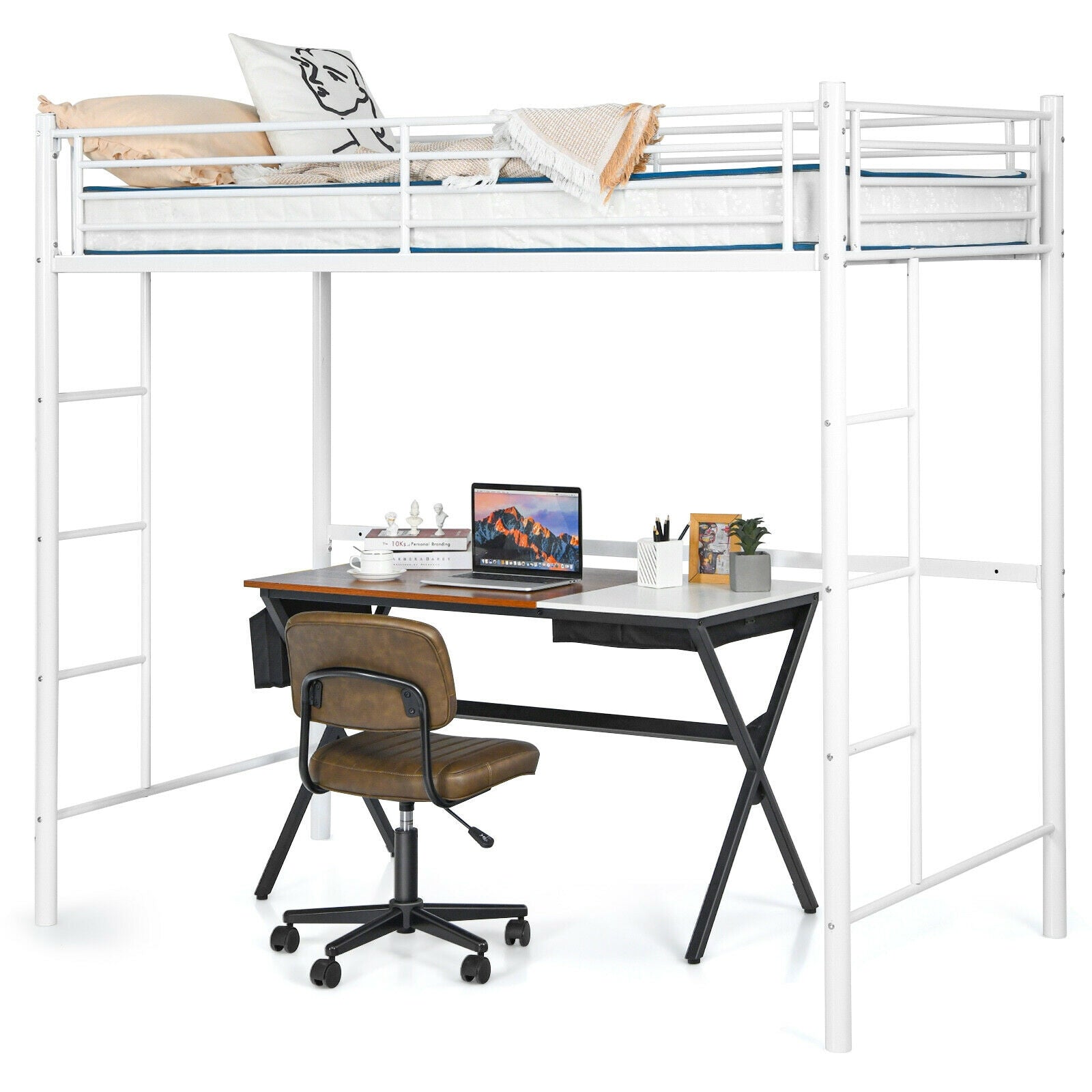 Twin Loft Bed Frame with 2 Ladders Full-length Guardrail -White