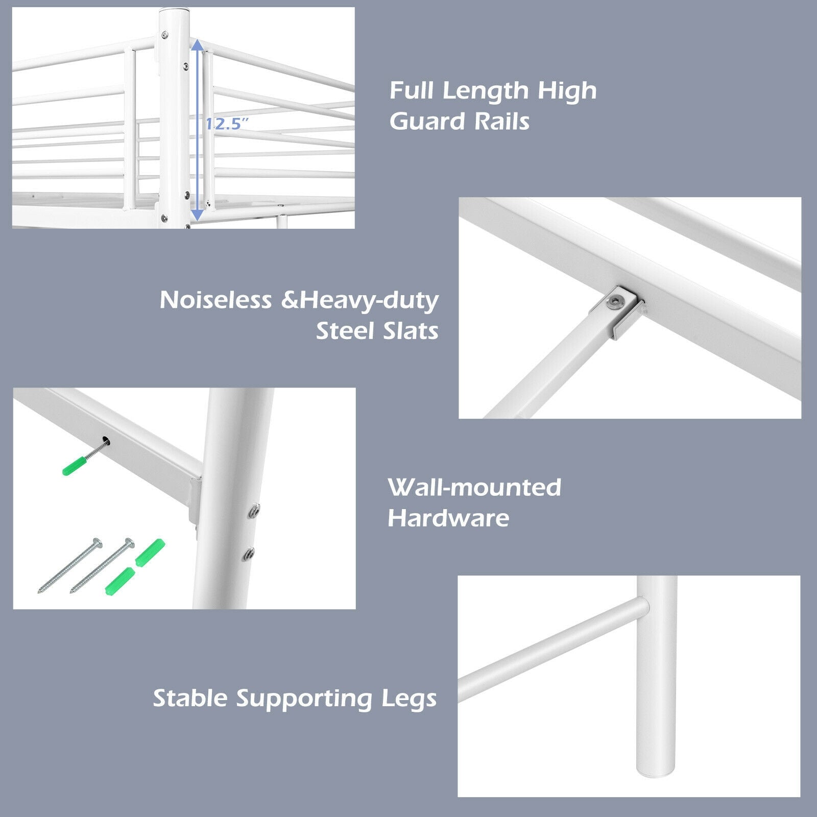 Twin Loft Bed Frame with 2 Ladders Full-length Guardrail -White