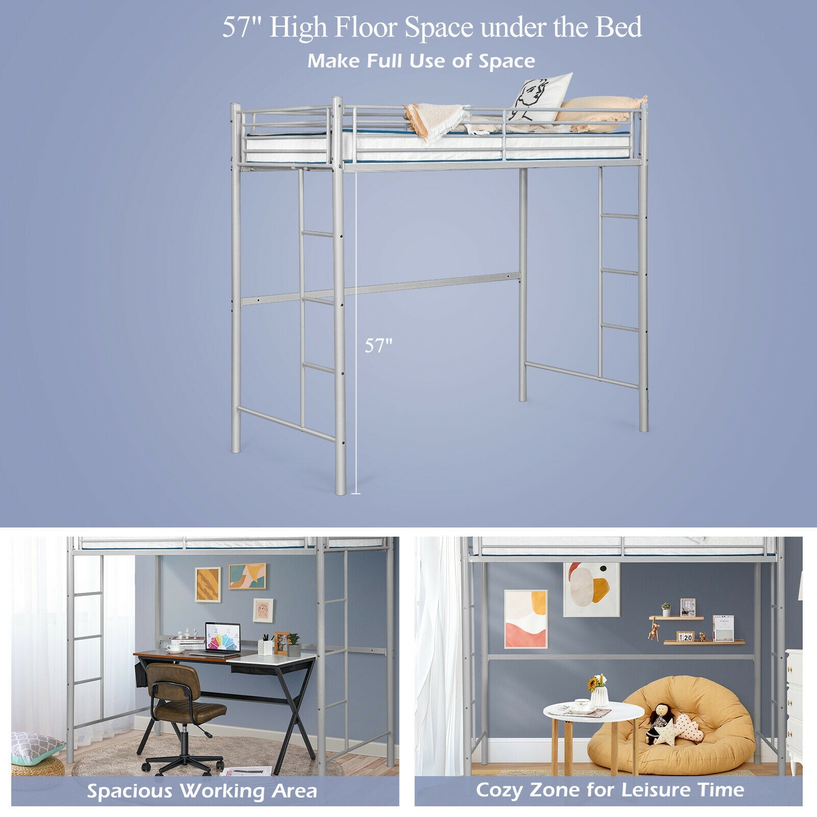 Twin Loft Bed Frame with 2 Ladders Full-length Guardrail -Silver