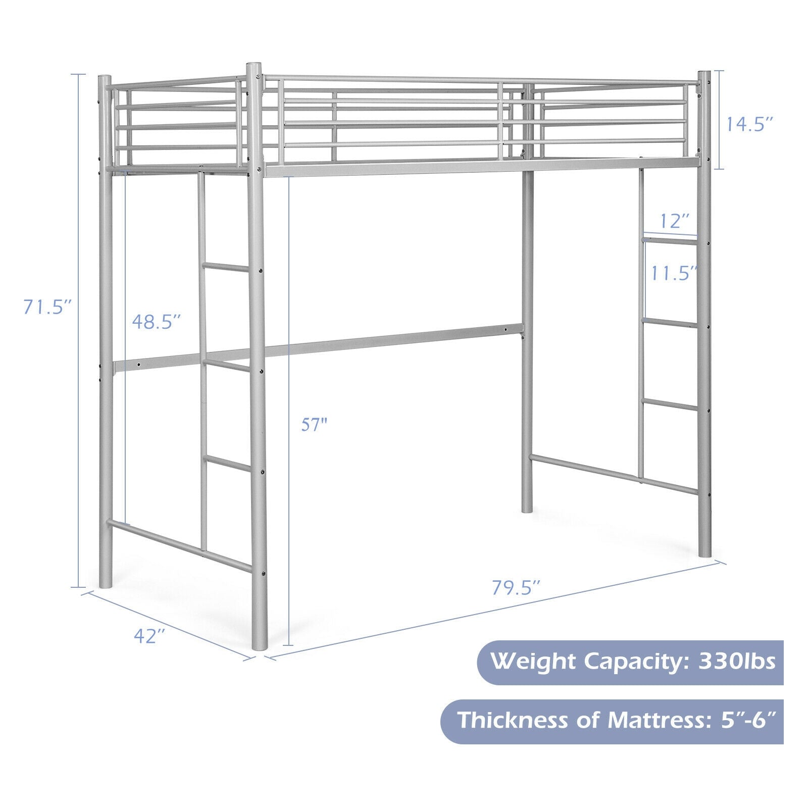 Twin Loft Bed Frame with 2 Ladders Full-length Guardrail -Silver