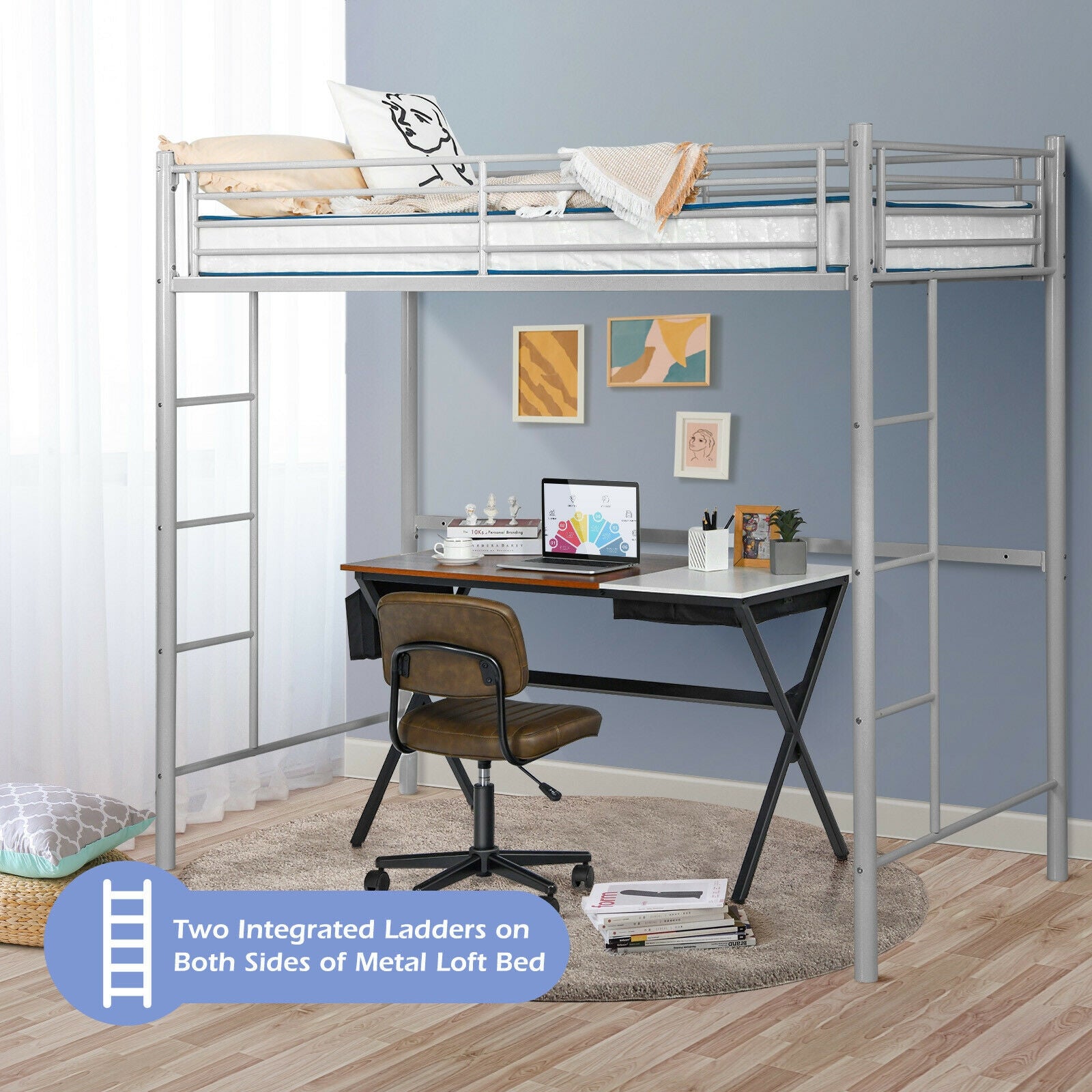 Twin Loft Bed Frame with 2 Ladders Full-length Guardrail -Silver