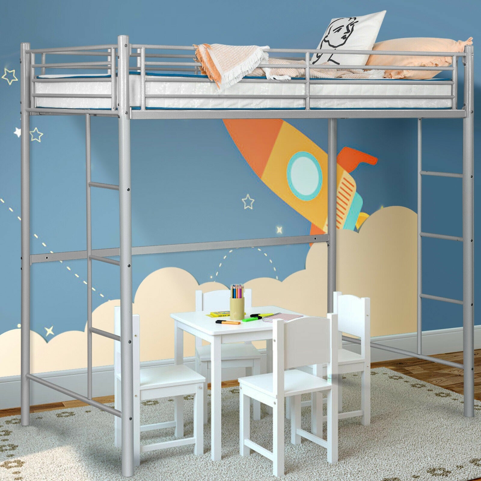 Twin Loft Bed Frame with 2 Ladders Full-length Guardrail -Silver