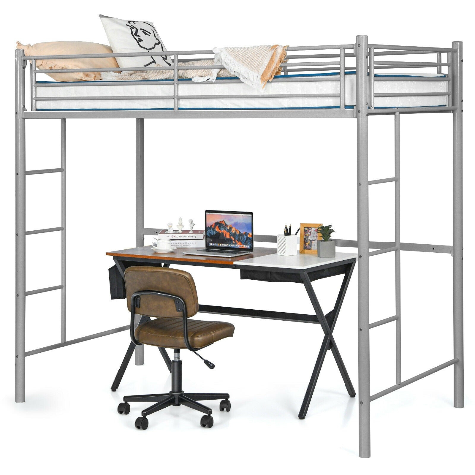 Twin Loft Bed Frame with 2 Ladders Full-length Guardrail -Silver