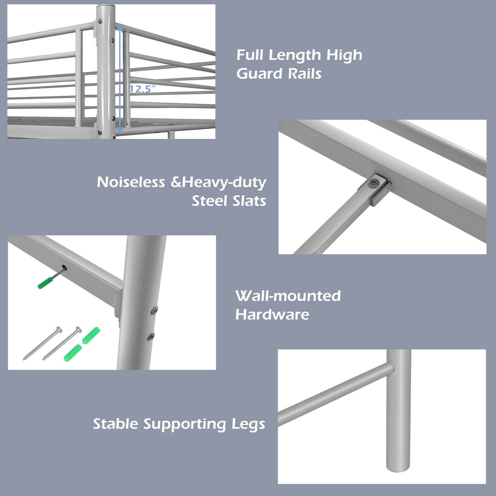 Twin Loft Bed Frame with 2 Ladders Full-length Guardrail -Silver