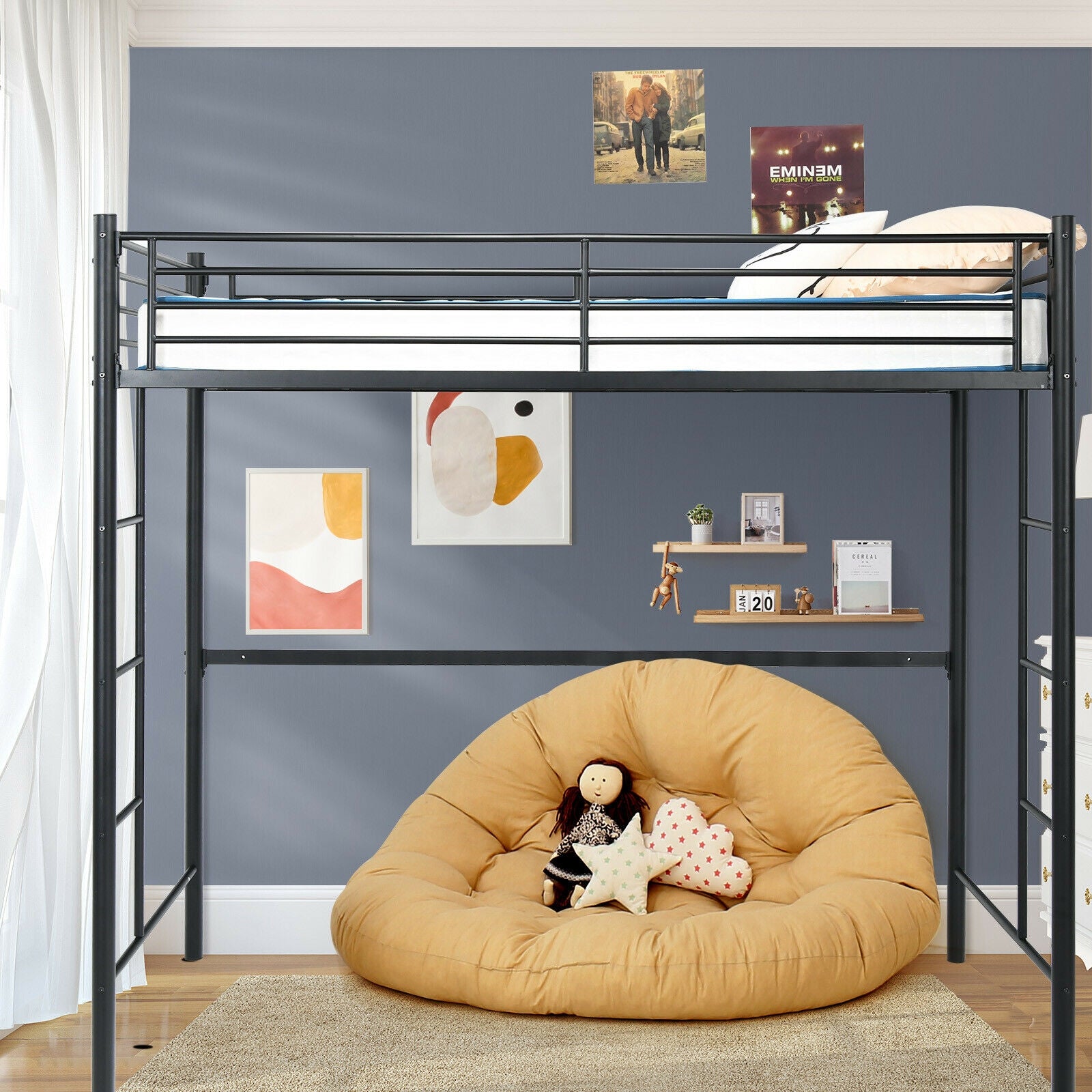 Twin Loft Bed Frame with 2 Ladders Full-length Guardrail -Black