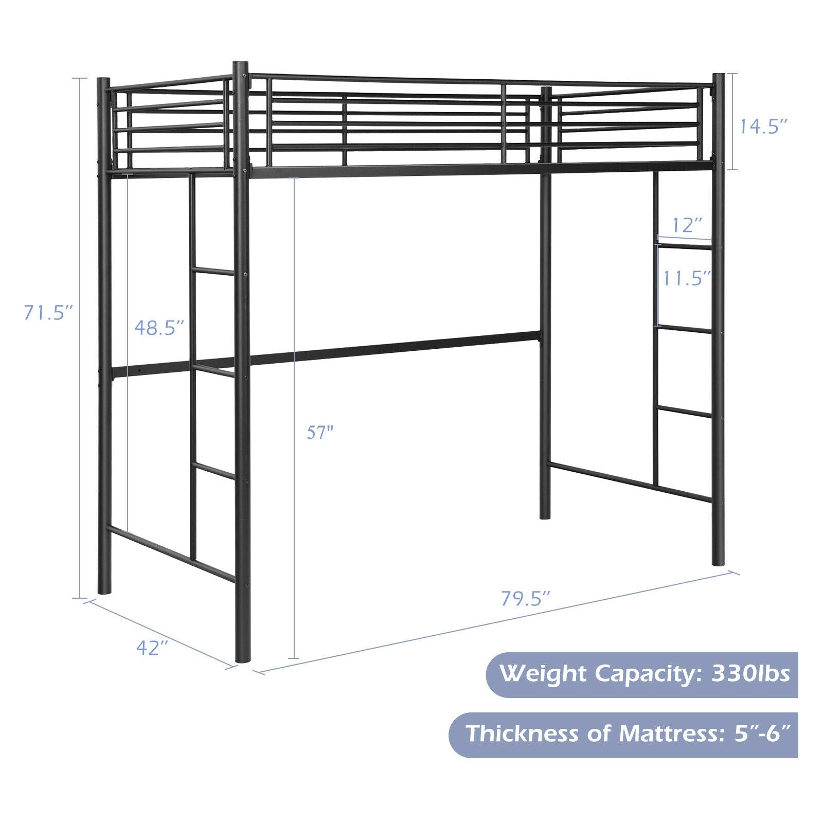 Twin Loft Bed Frame with 2 Ladders Full-length Guardrail -Black