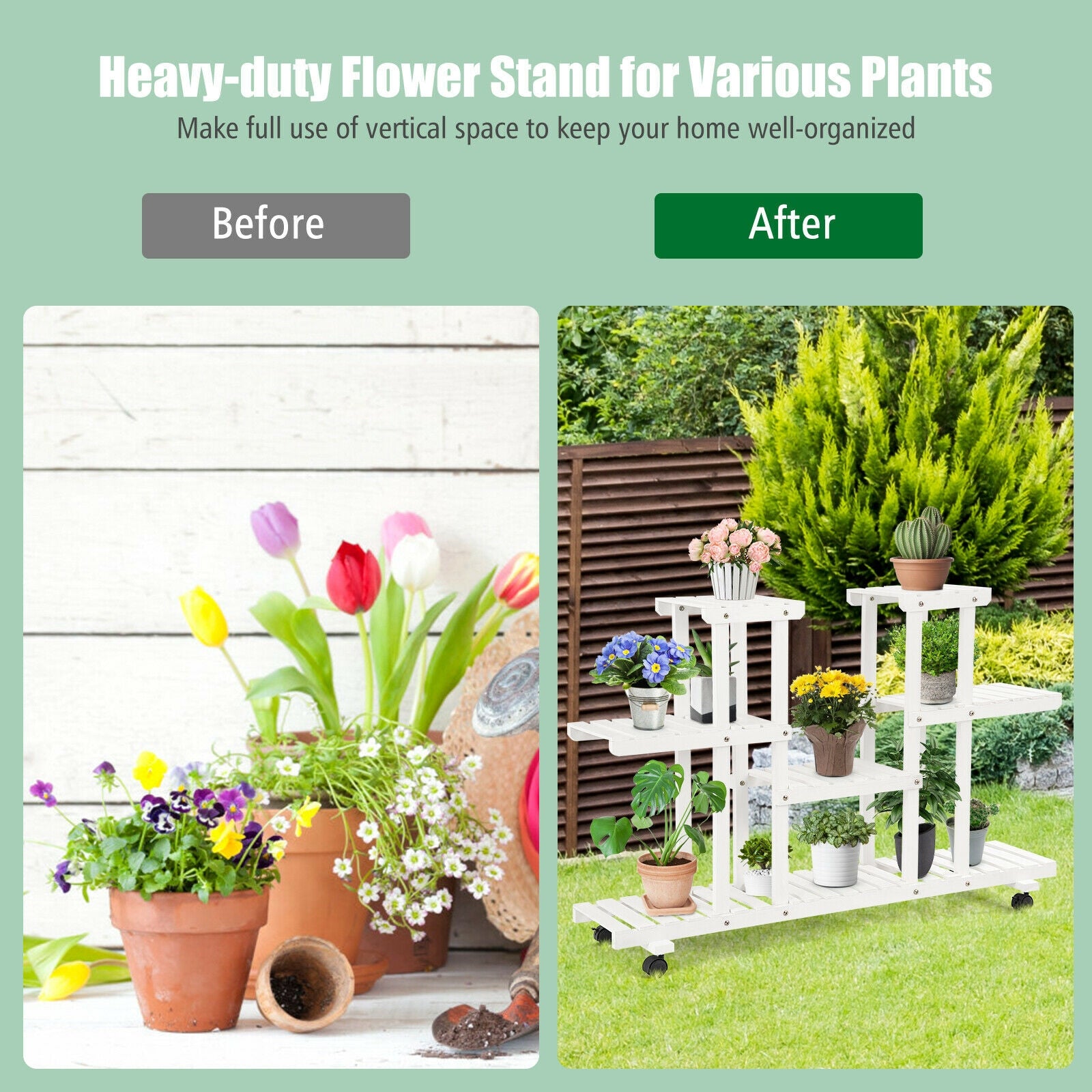 4-Tier Wood Casters Rolling Shelf Plant Stand