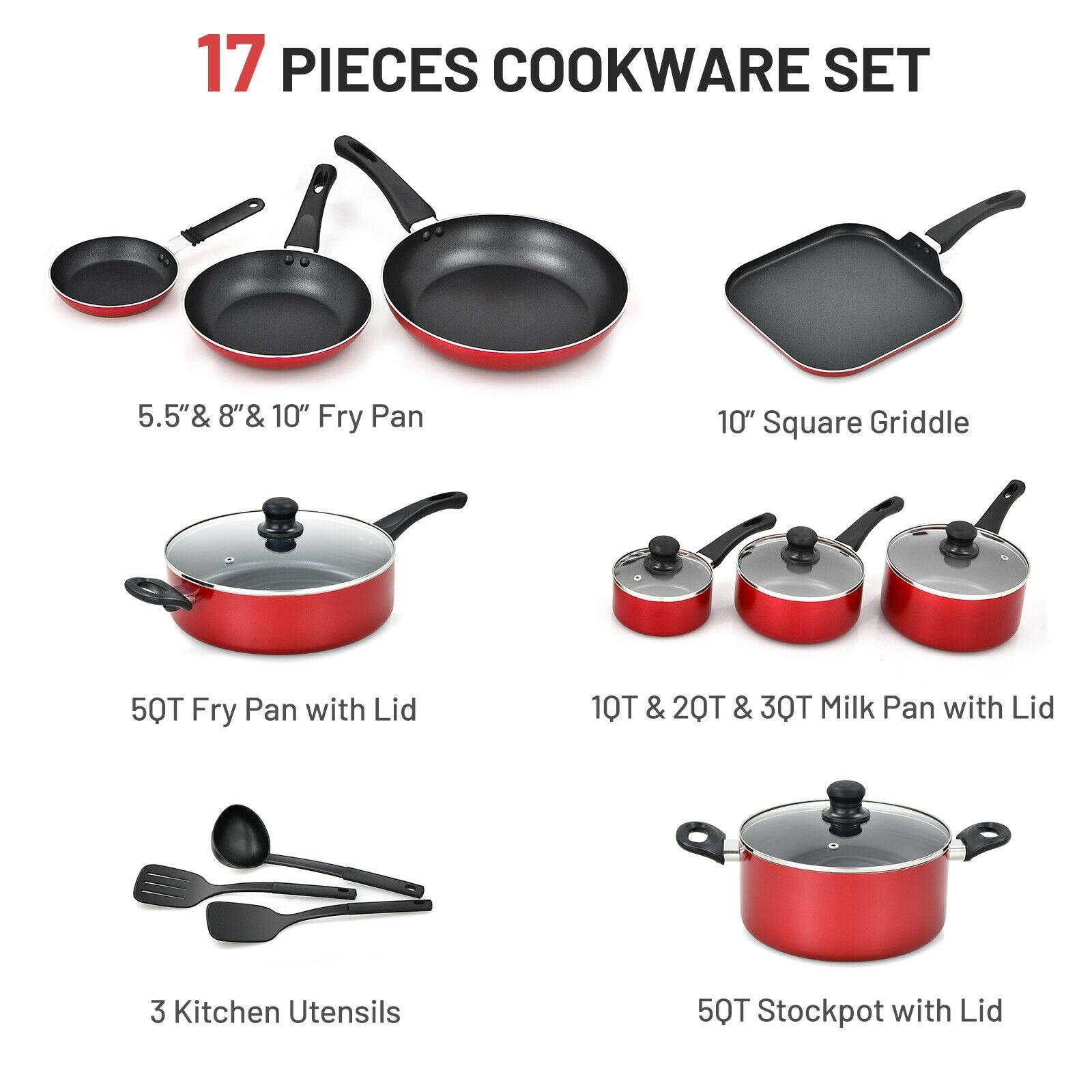 17 Pieces Hard Anodized Nonstick Cookware Pots and Pans Set 