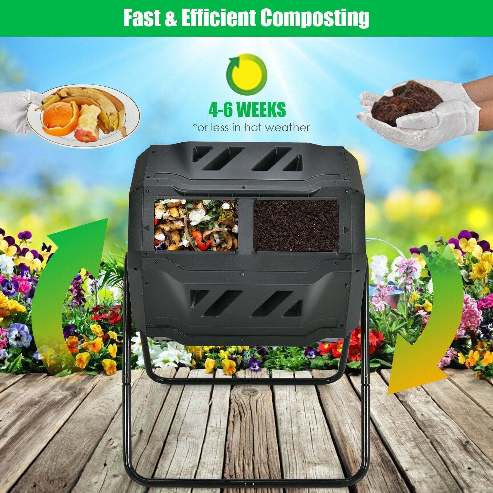 43 Gallon Composting Tumbler Compost Bin with Dual Rotating Chamber