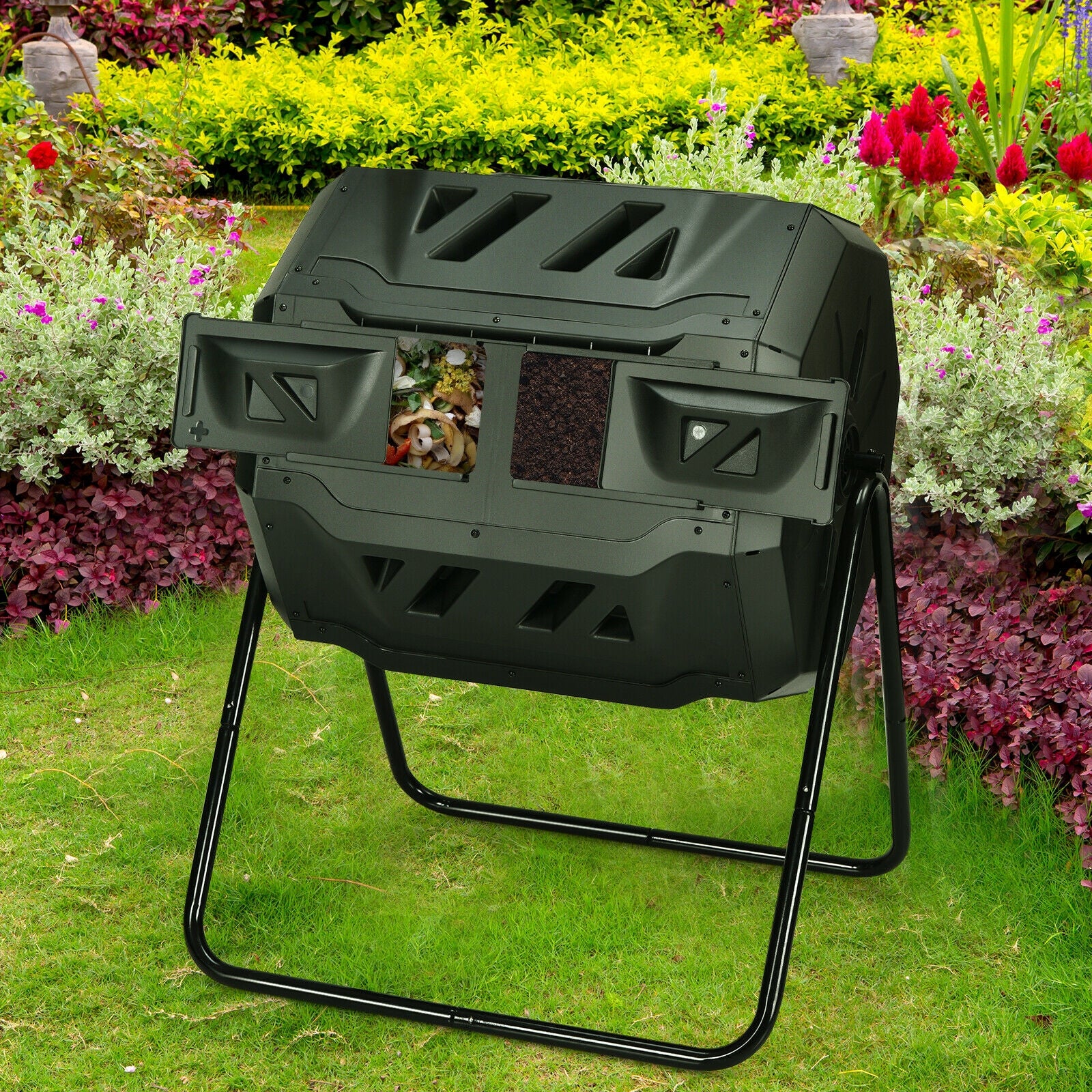 43 Gallon Composting Tumbler Compost Bin with Dual Rotating Chamber 