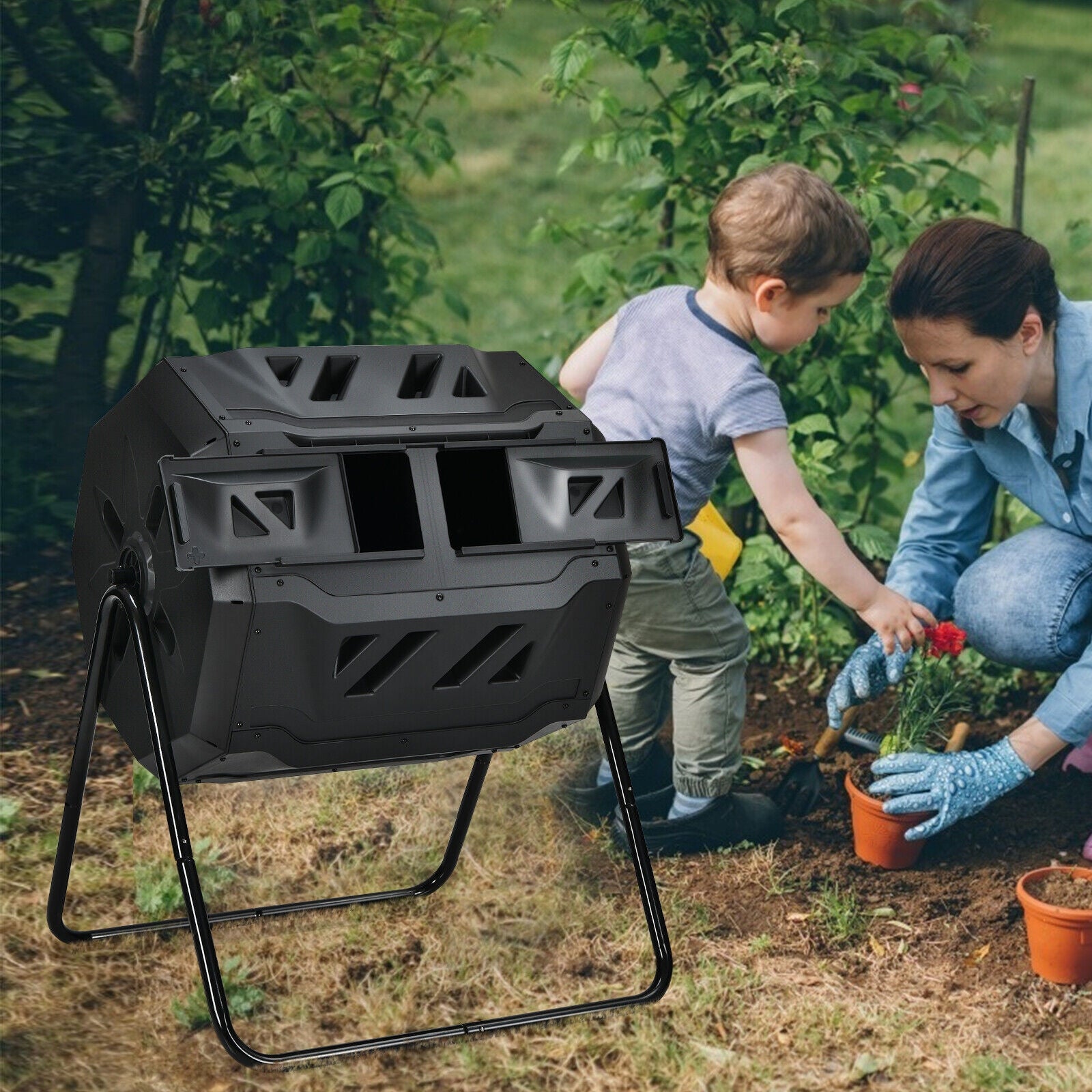 43 Gallon Composting Tumbler Compost Bin with Dual Rotating Chamber 