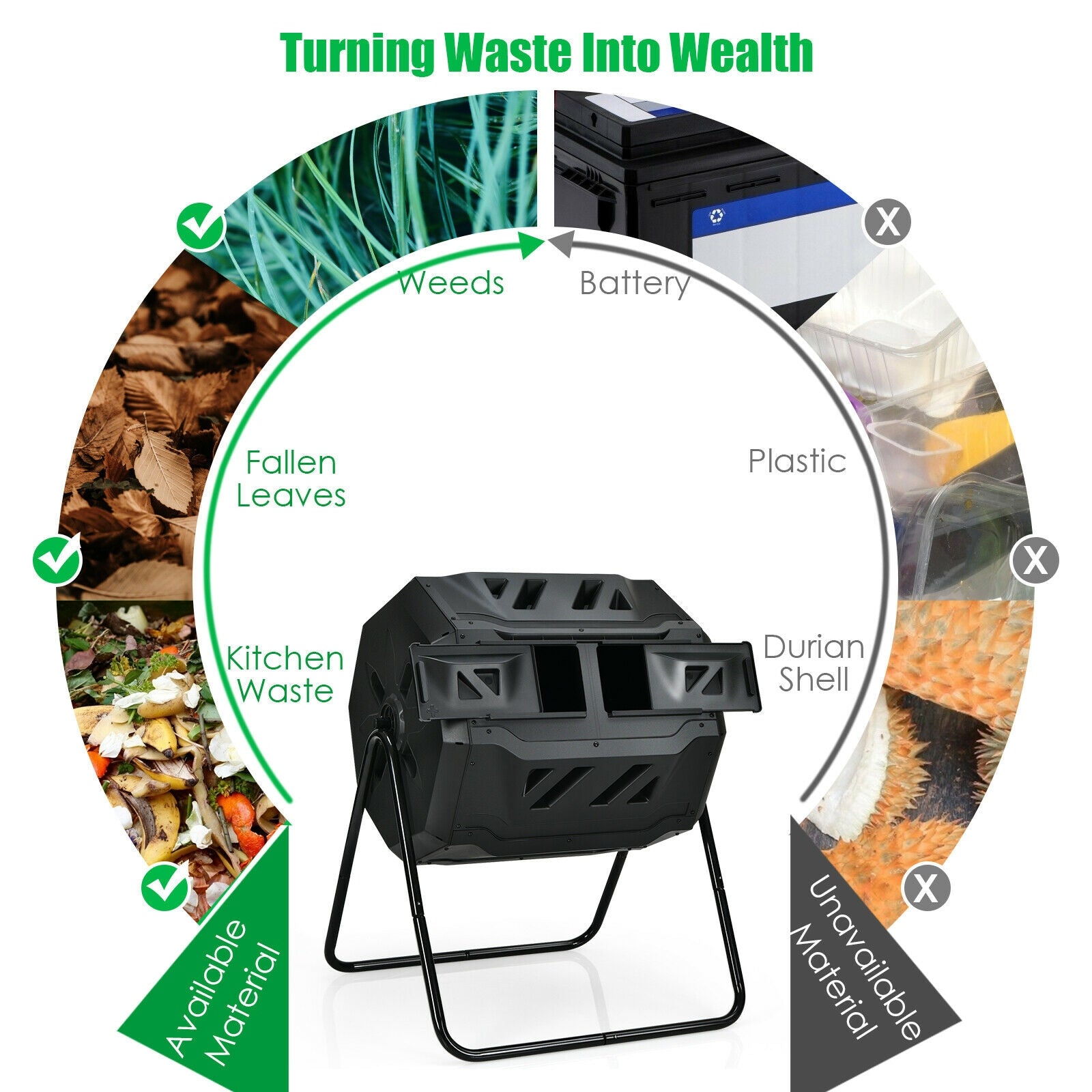 43 Gallon Composting Tumbler Compost Bin with Dual Rotating Chamber 