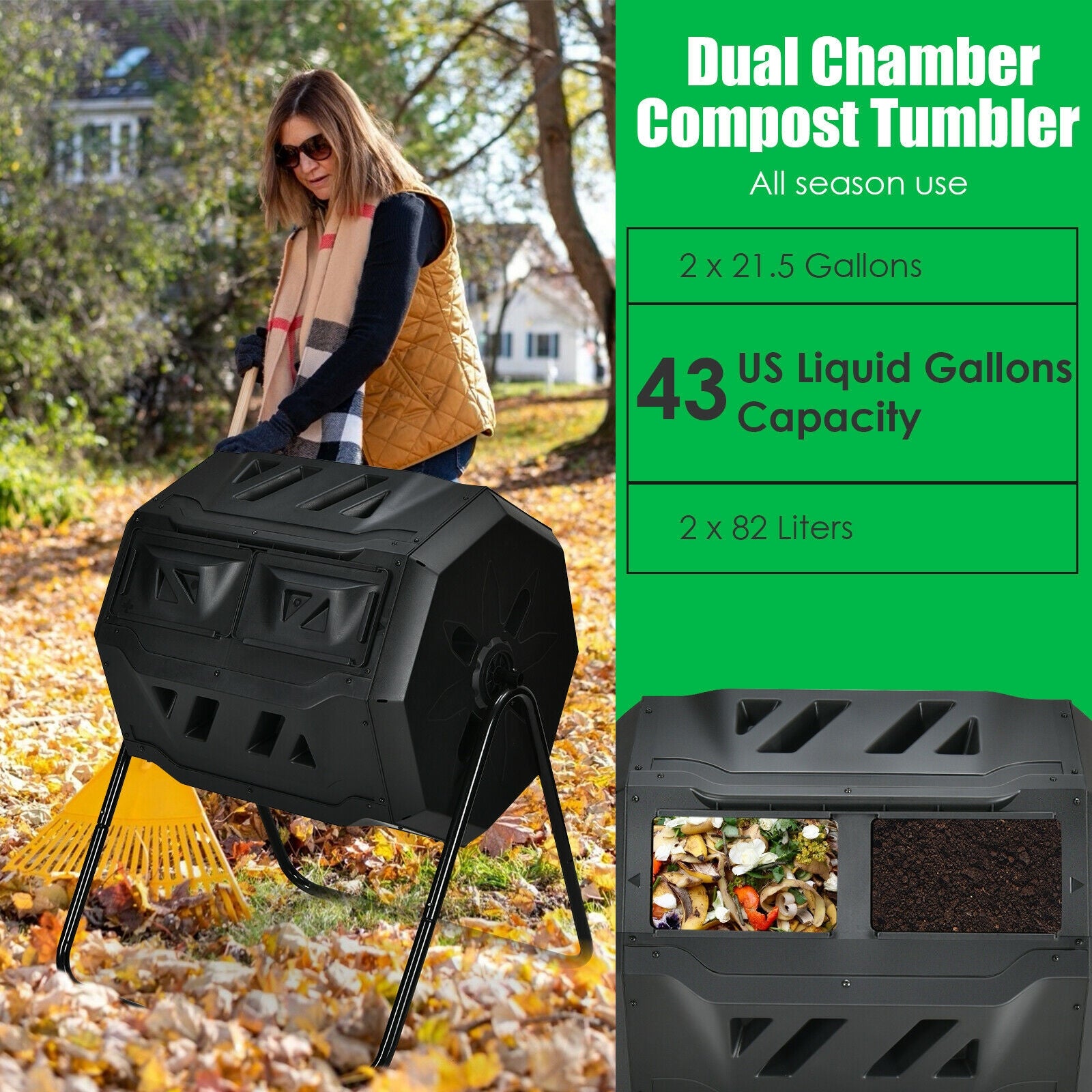 43 Gallon Composting Tumbler Compost Bin with Dual Rotating Chamber 