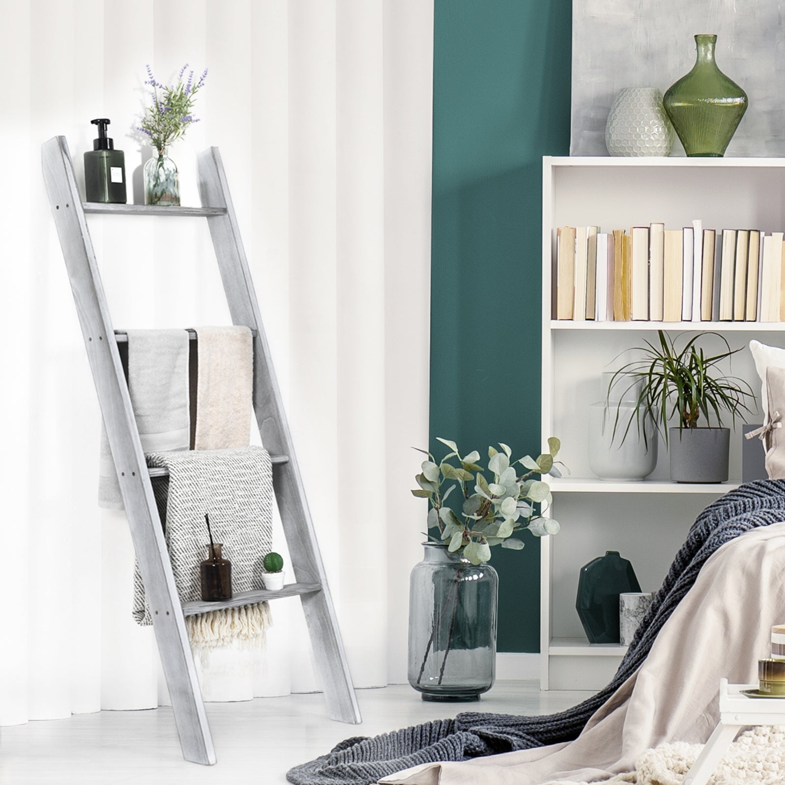 4-Tier Wall Leaning Ladder Shelf Stand-Gray 