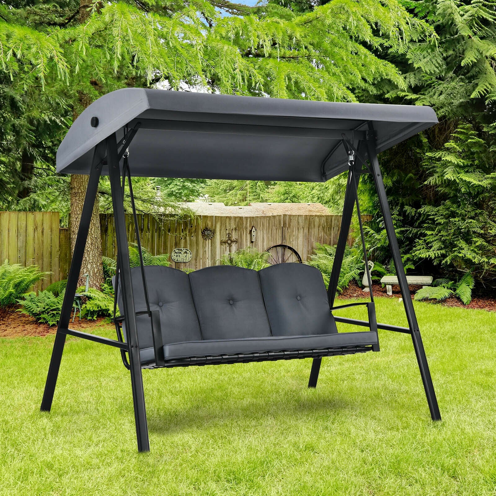 Outdoor 3-Seat Porch Swing with Adjust Canopy and Cushions-Gray