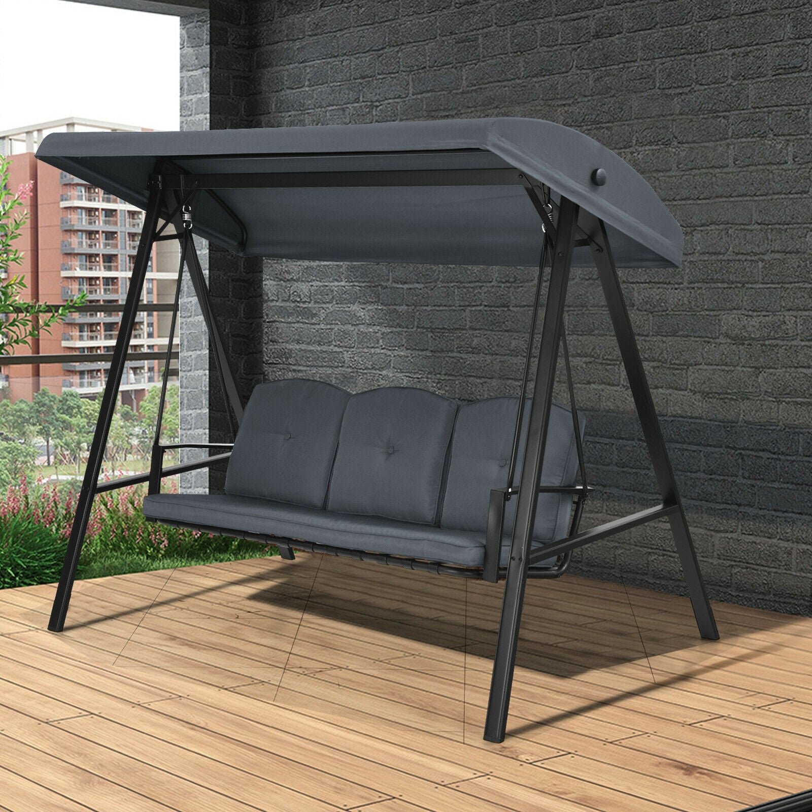 Outdoor 3-Seat Porch Swing with Adjust Canopy and Cushions-Gray