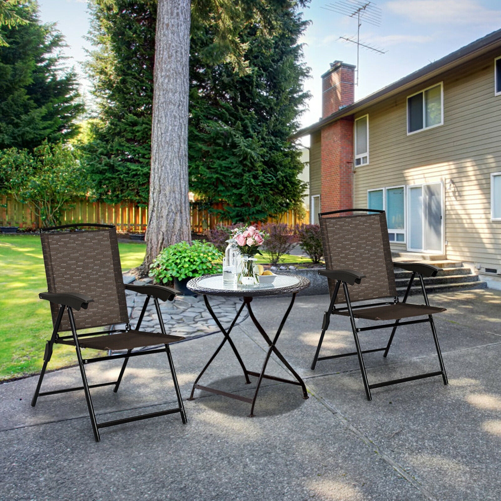 2 Pieces Folding Sling Chairs with Steel Armrests and Adjustable Back 