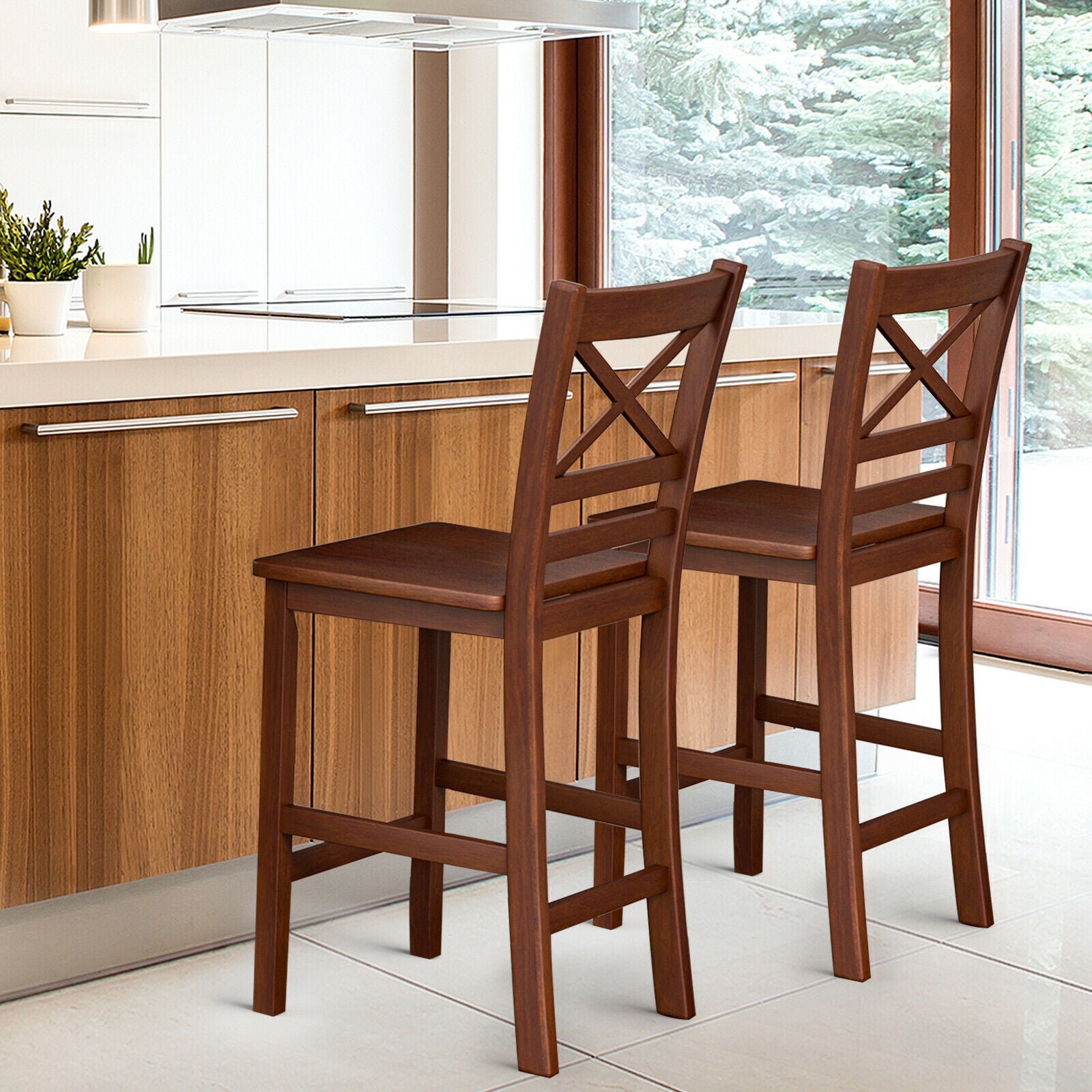 Set of 2 Bar Stools 25 Inch Counter Height Chairs with Rubber Wood Legs 