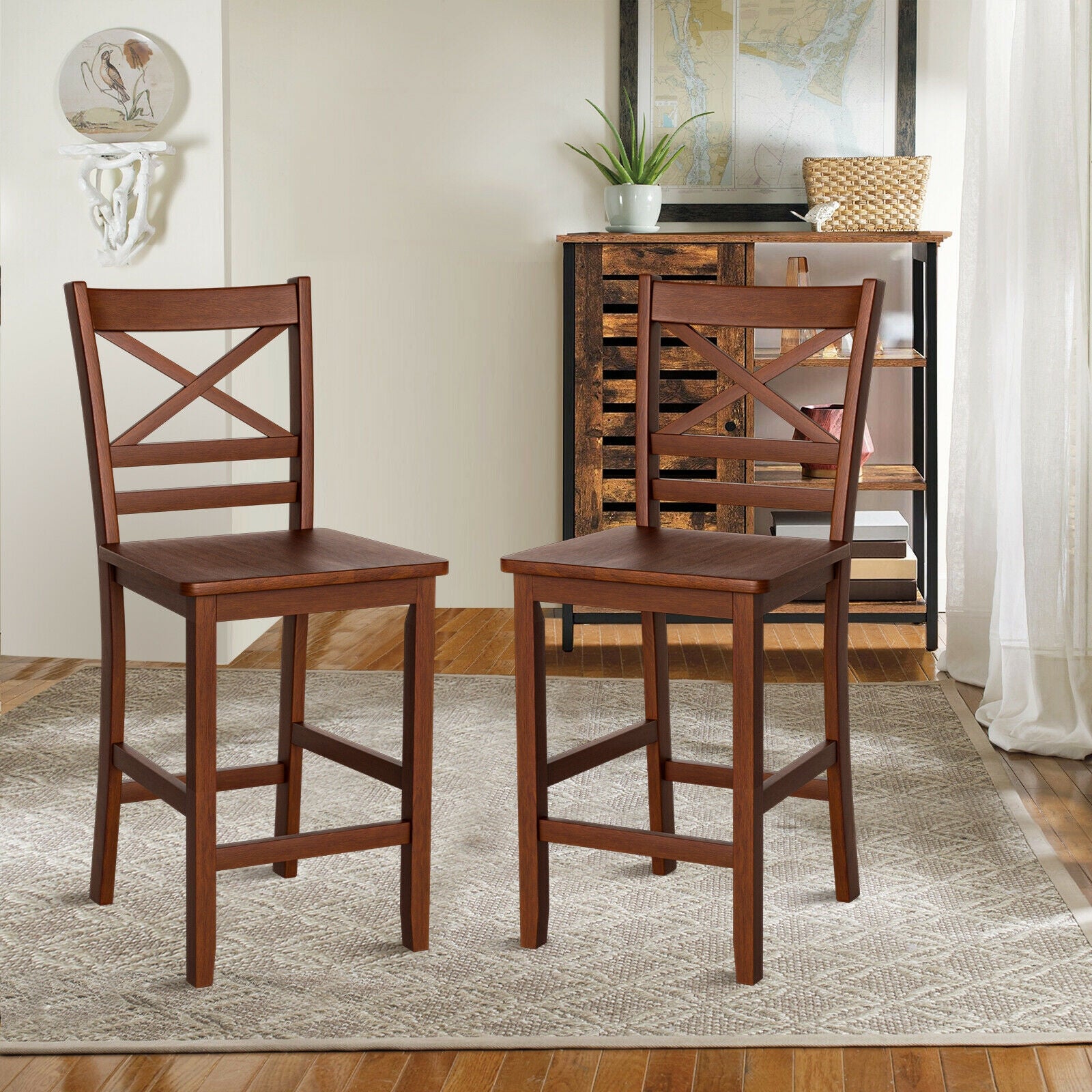 Set of 2 Bar Stools 25 Inch Counter Height Chairs with Rubber Wood Legs