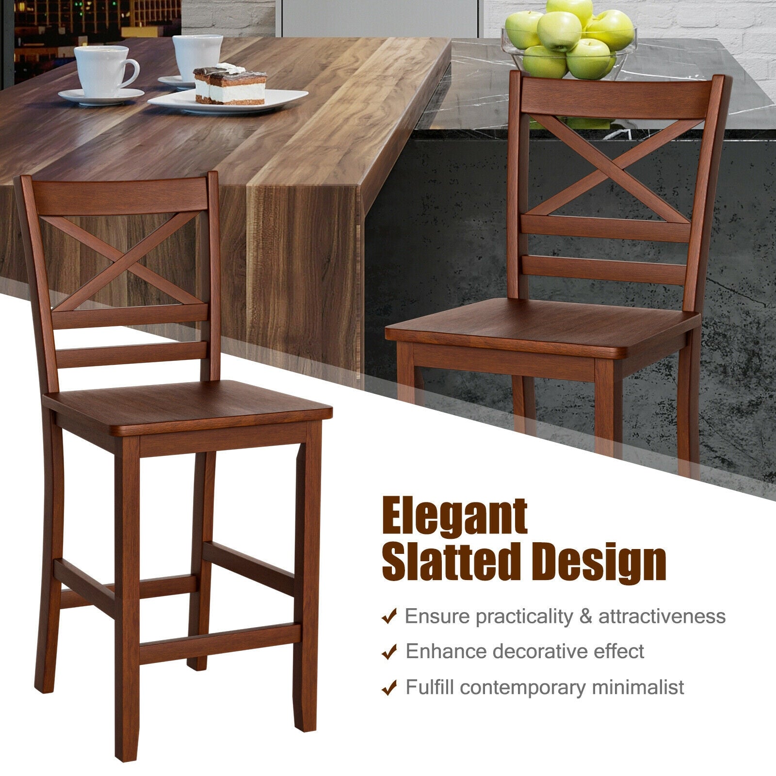 Set of 2 Bar Stools 25 Inch Counter Height Chairs with Rubber Wood Legs