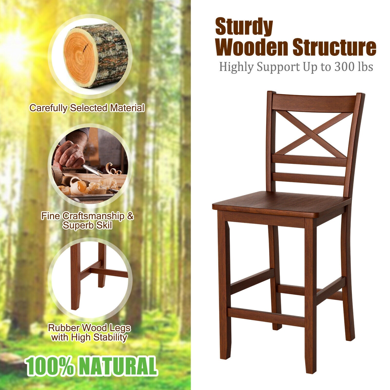 Set of 2 Bar Stools 25 Inch Counter Height Chairs with Rubber Wood Legs