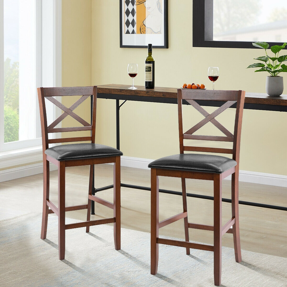 Set of 2 Bar Stools 25 Inch Counter Height Chairs with PU Leather Seat 