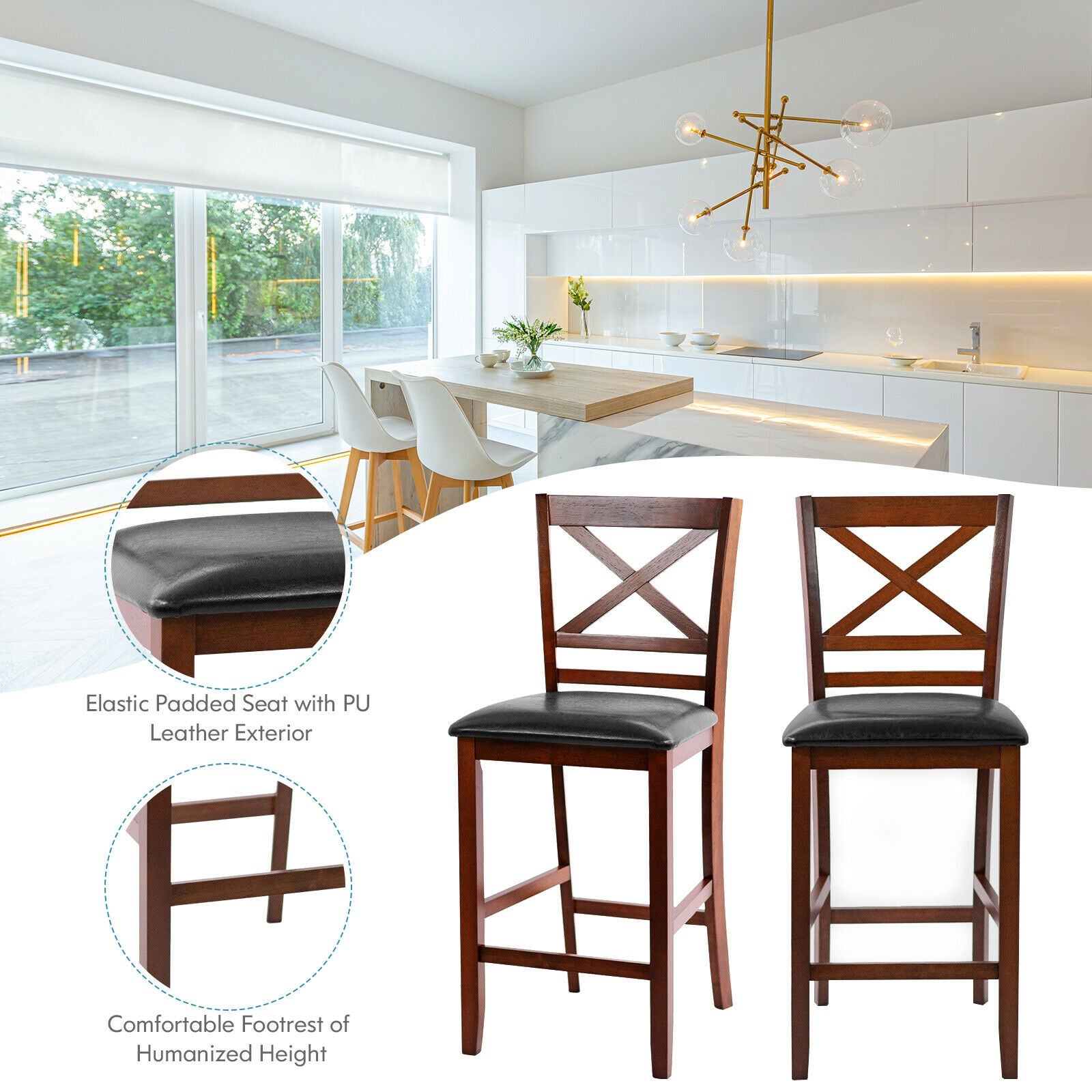 Set of 2 Bar Stools 25 Inch Counter Height Chairs with PU Leather Seat 