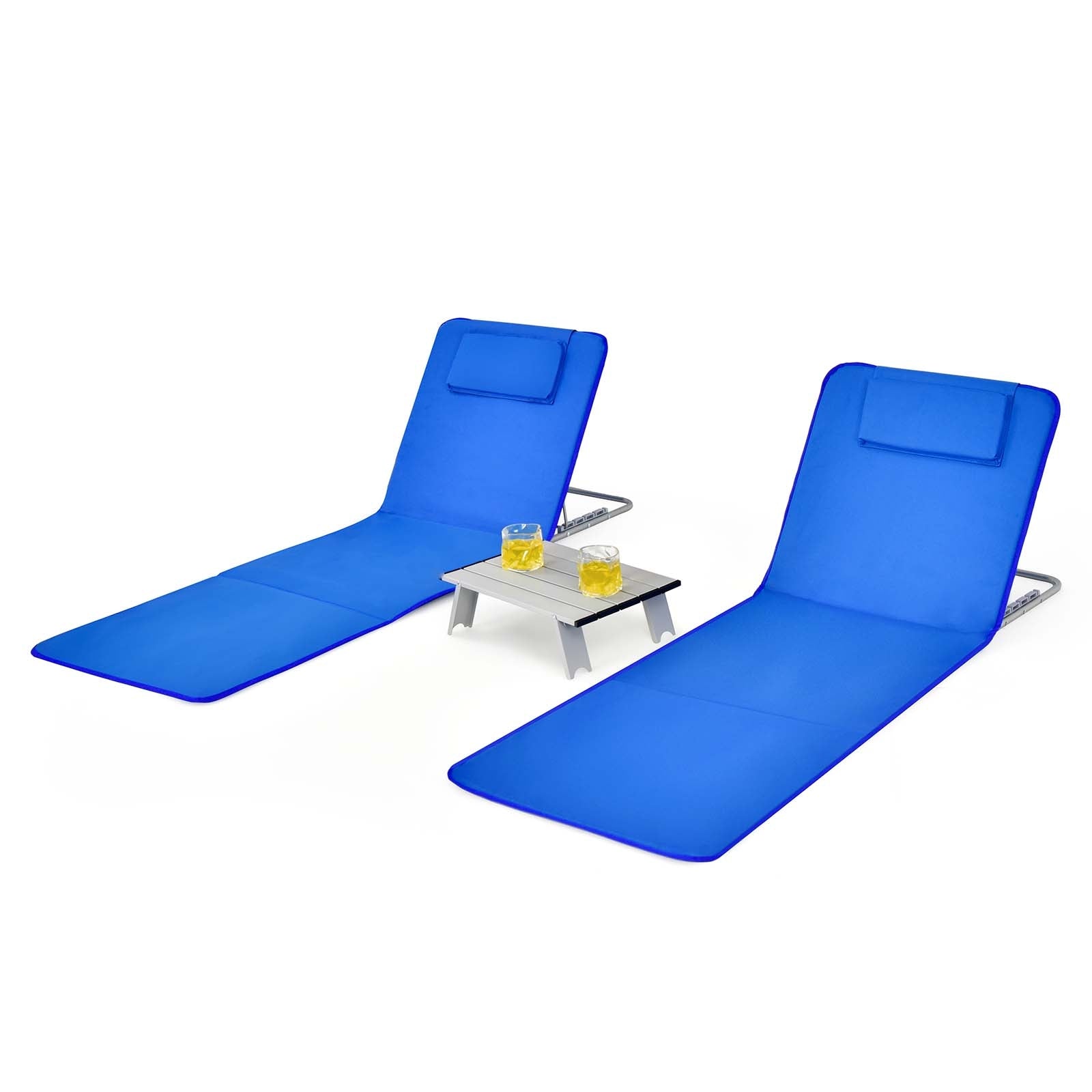 3 Pieces Beach Lounge Chair Mat Set 2 Adjustable Lounge Chairs with Table Stripe-Blue 