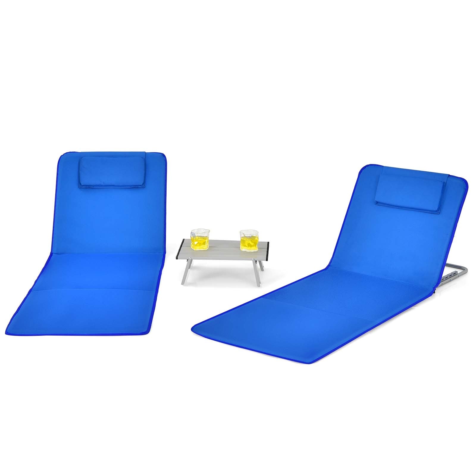 3 Pieces Beach Lounge Chair Mat Set 2 Adjustable Lounge Chairs with Table Stripe-Blue 