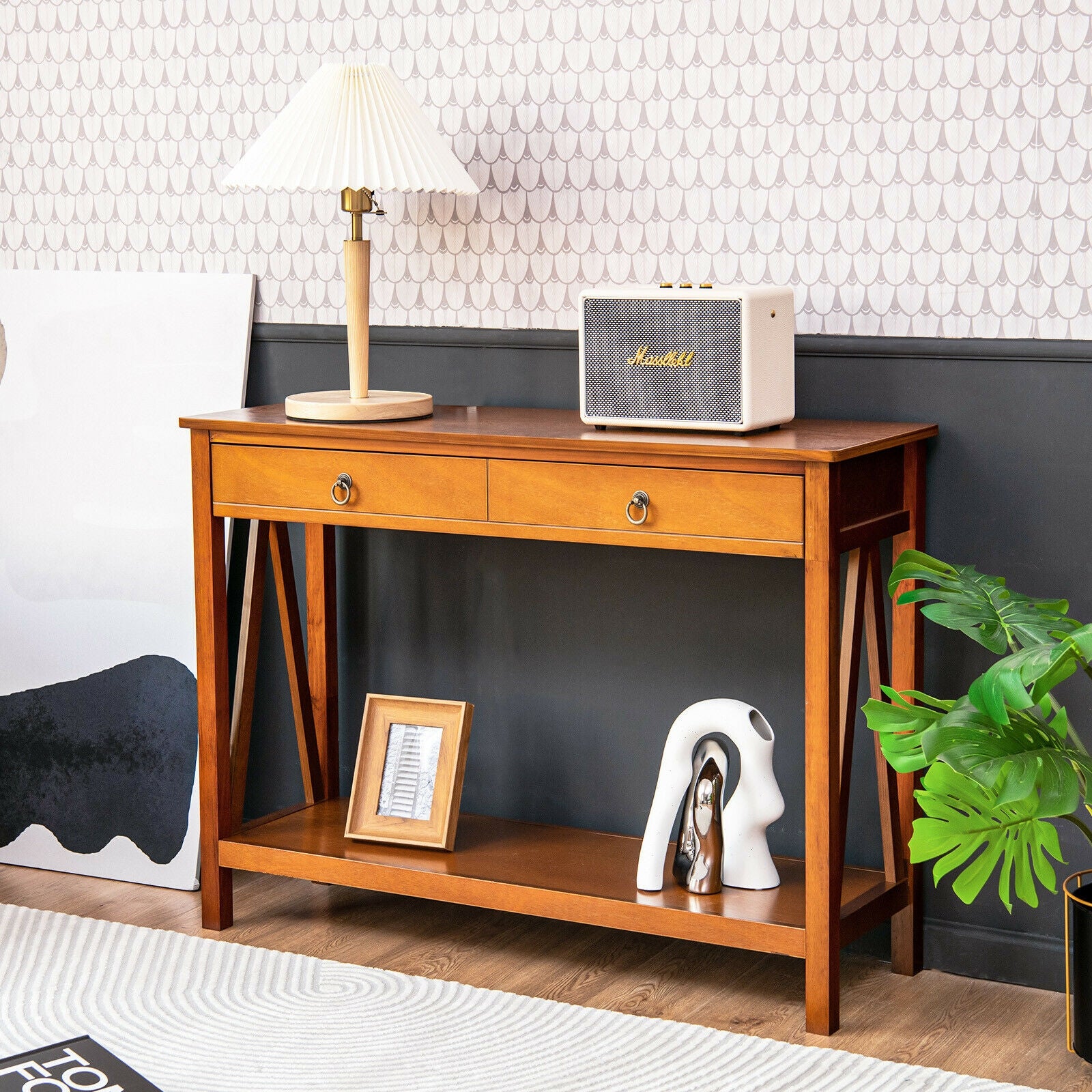 Console Table with 2 Drawer Storage Shelf for Entryway Hallway-Natural