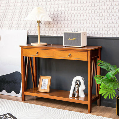 Console Table with 2 Drawer Storage Shelf for Entryway Hallway-Natural 