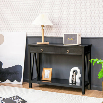 Console Table with 2 Drawer Storage Shelf for Entryway Hallway-Black 