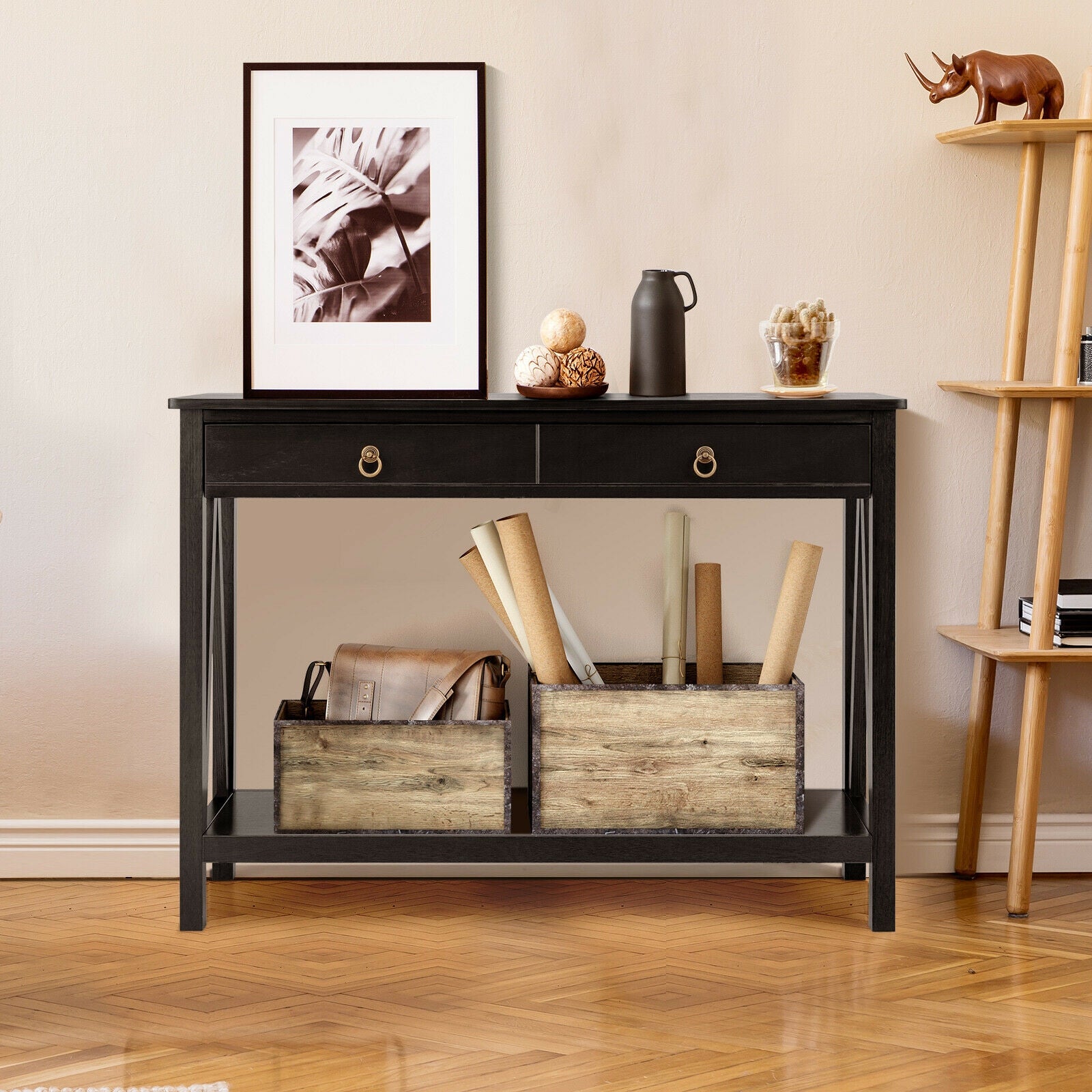 Console Table with 2 Drawer Storage Shelf for Entryway Hallway-Black