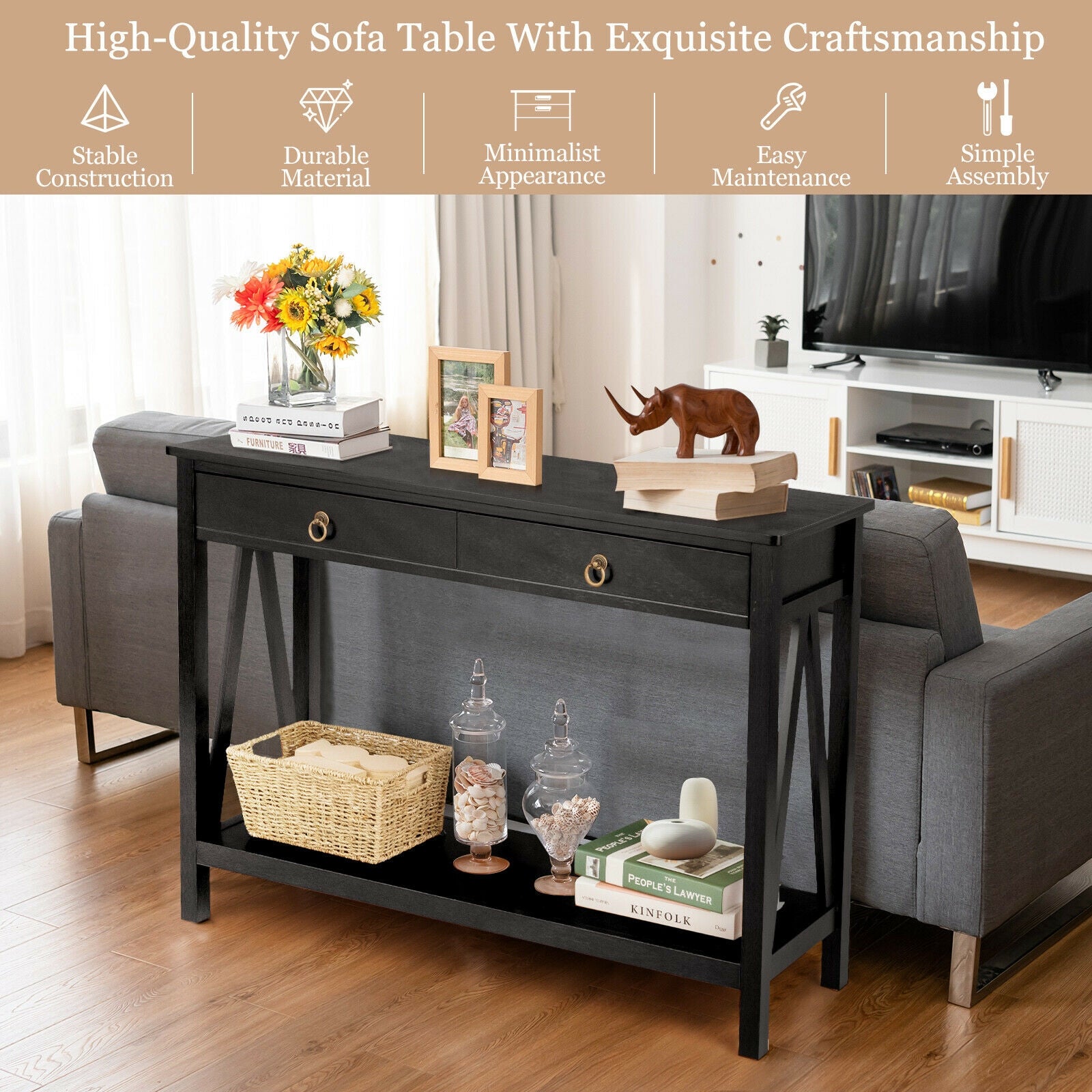 Console Table with 2 Drawer Storage Shelf for Entryway Hallway-Black