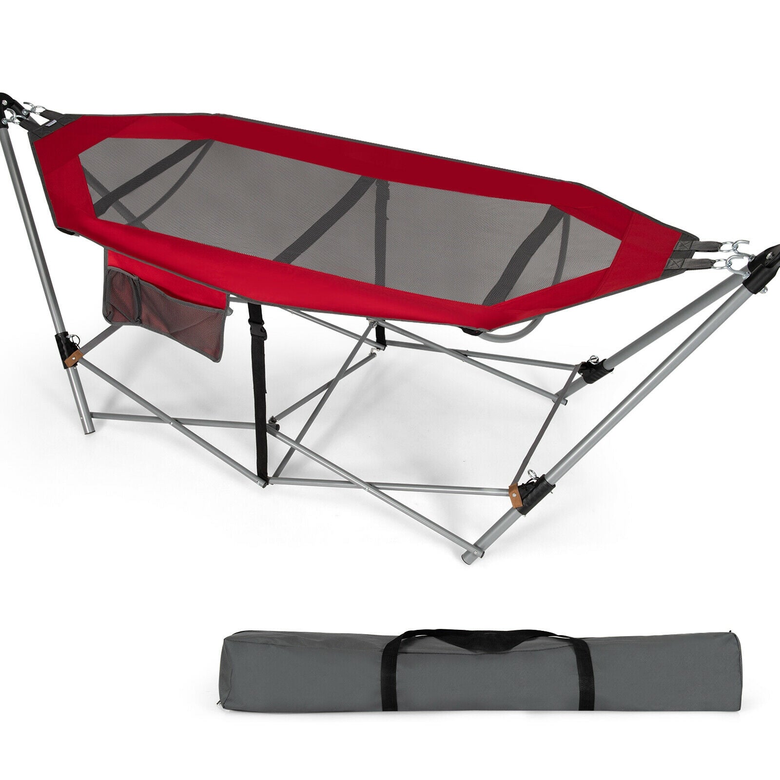 Folding Hammock Indoor Outdoor Hammock with Side Pocket and Iron Stand-Red 