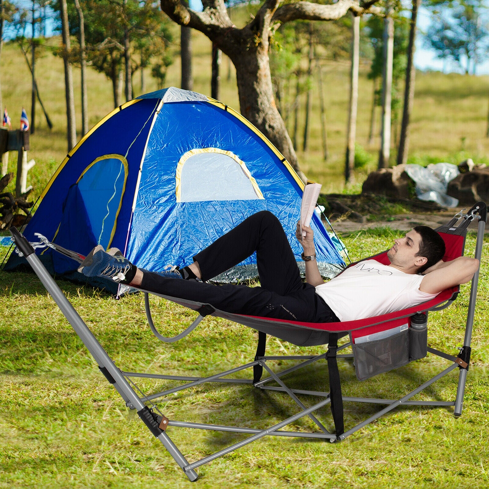 Folding Hammock Indoor Outdoor Hammock with Side Pocket and Iron Stand-Red 