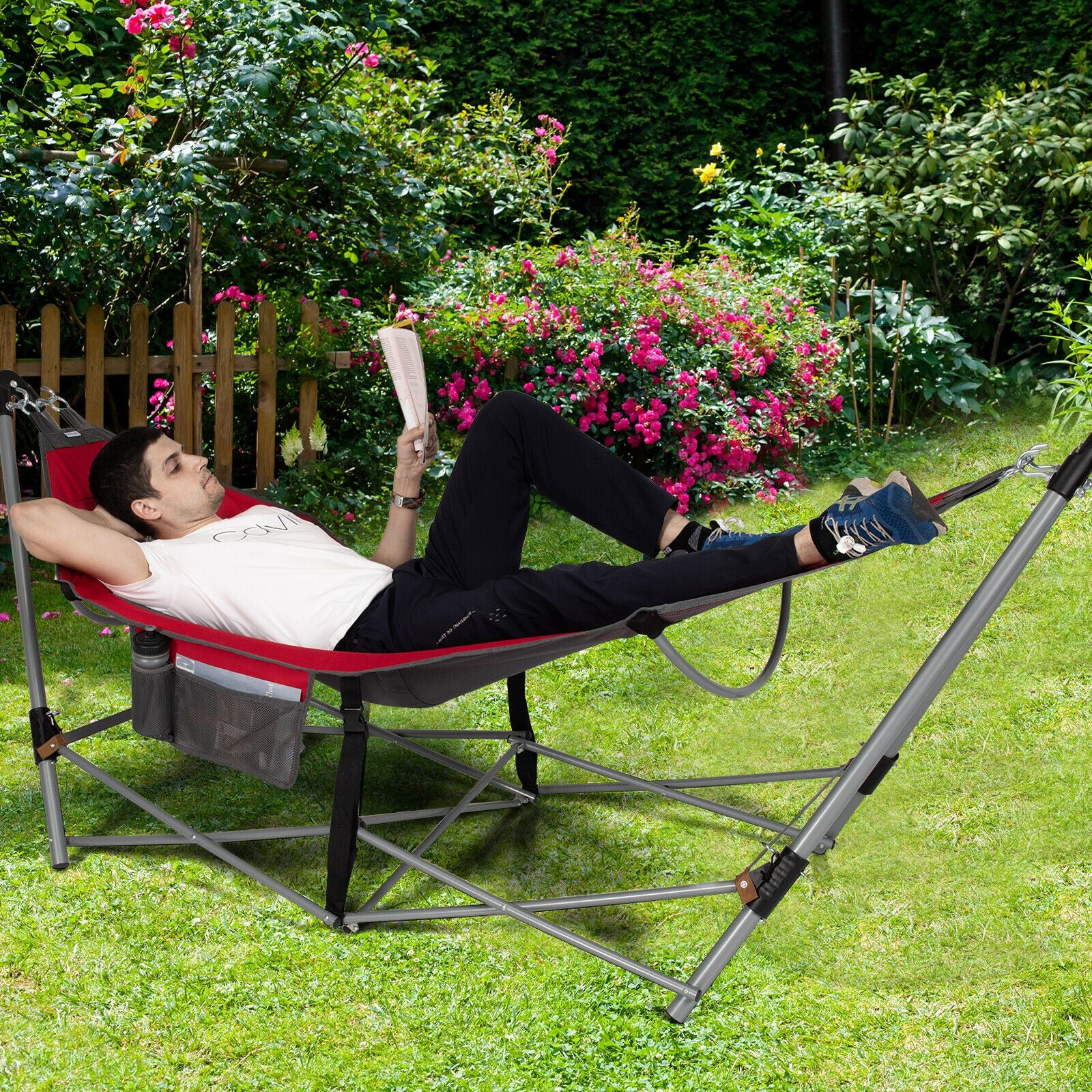 Folding Hammock Indoor Outdoor Hammock with Side Pocket and Iron Stand-Red 