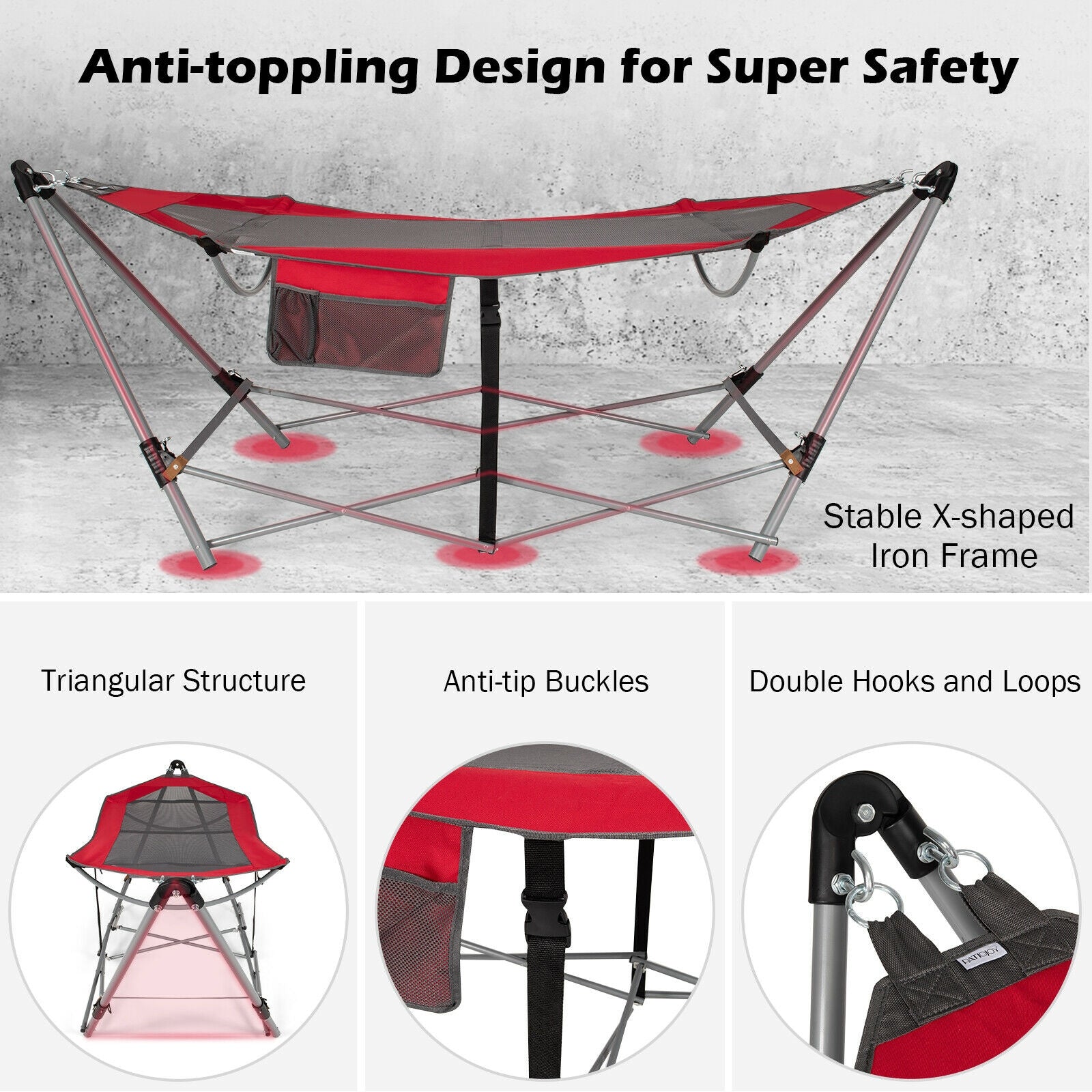 Folding Hammock Indoor Outdoor Hammock with Side Pocket and Iron Stand-Red