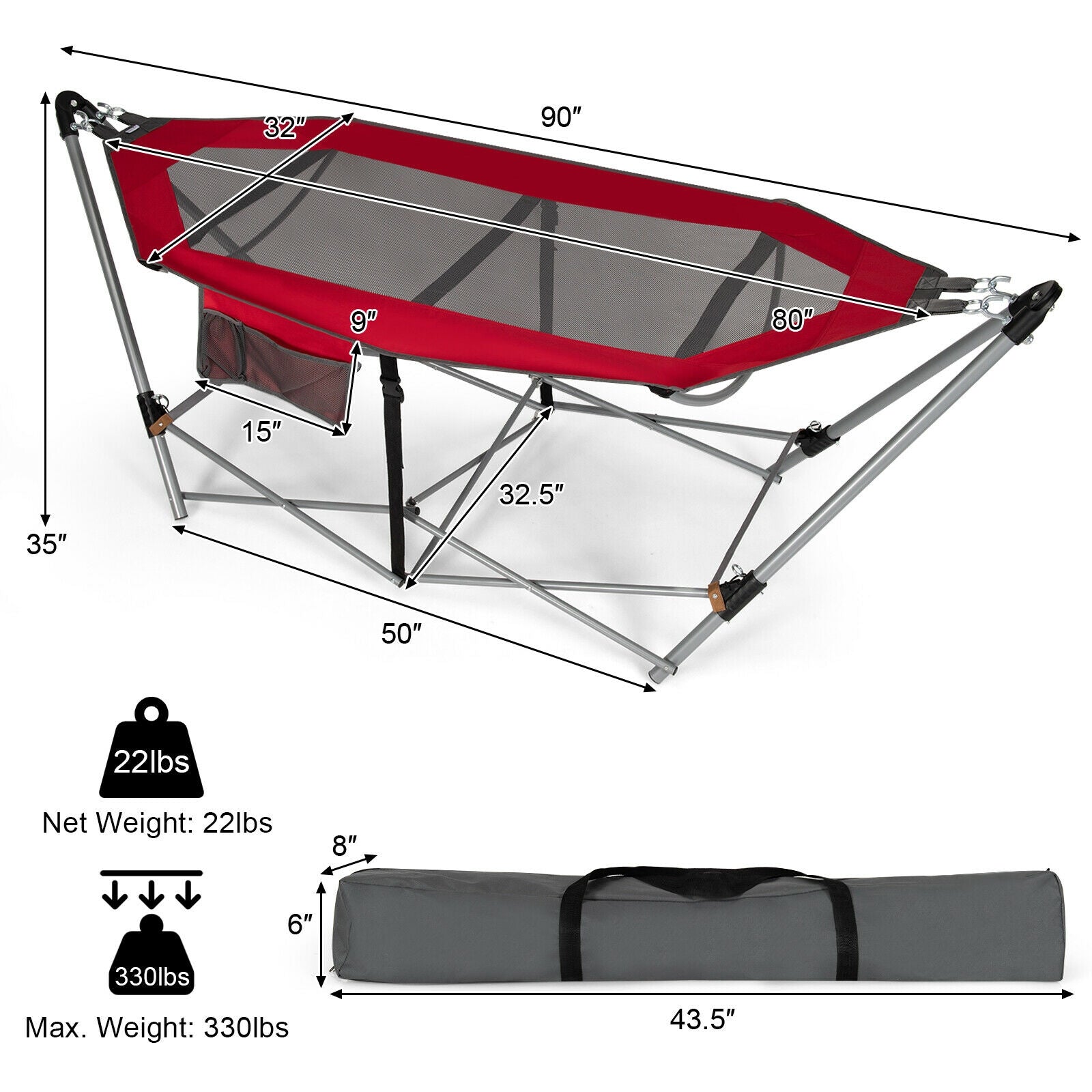 Folding Hammock Indoor Outdoor Hammock with Side Pocket and Iron Stand-Red