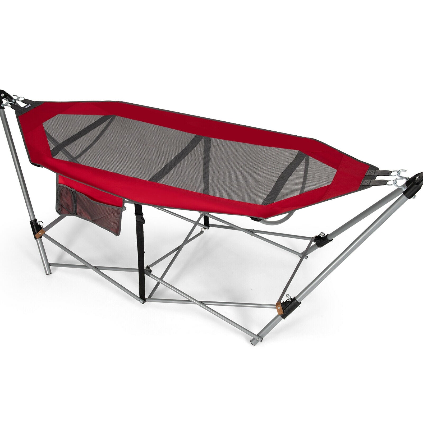 Folding Hammock Indoor Outdoor Hammock with Side Pocket and Iron Stand-Red 