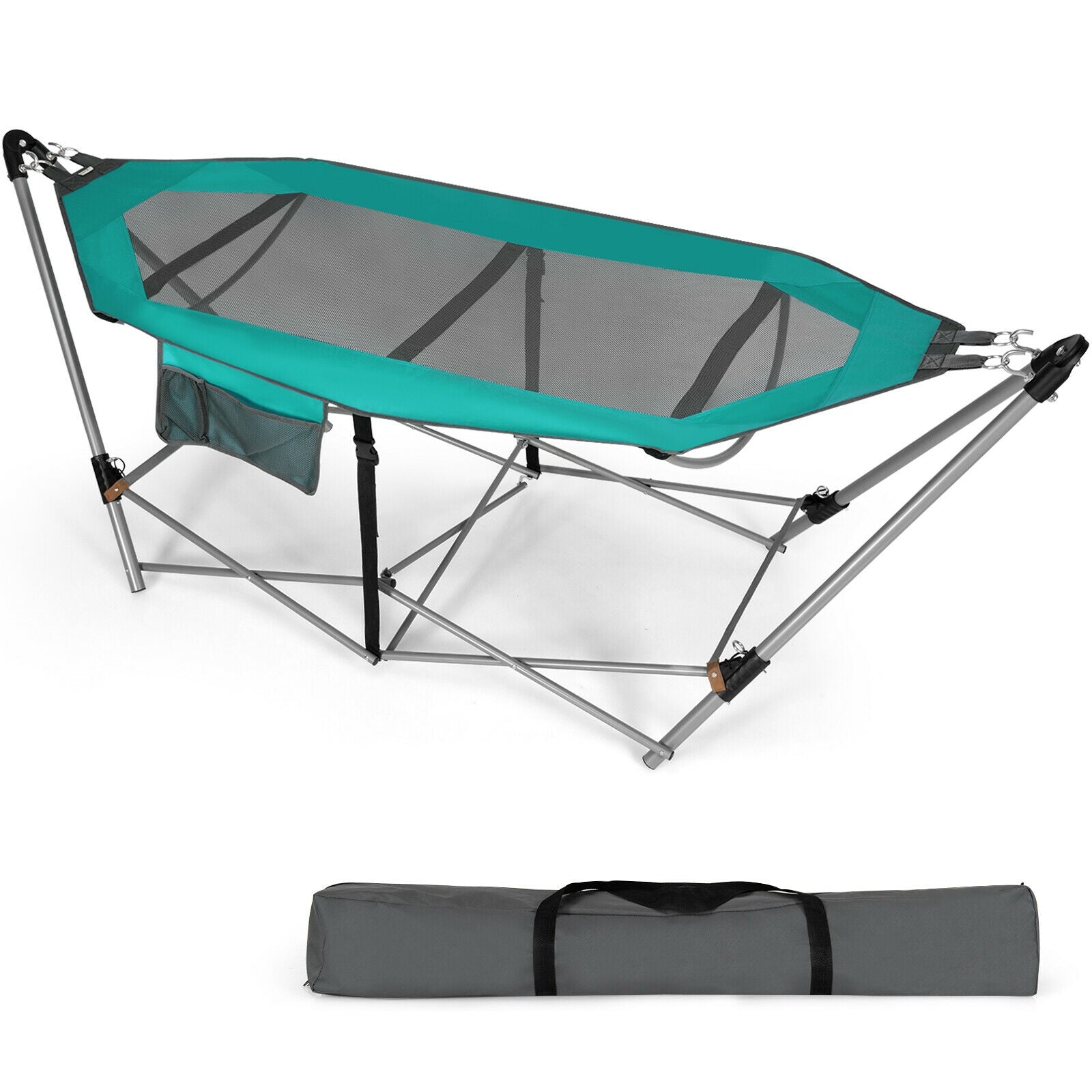 Folding Hammock Indoor Outdoor Hammock with Side Pocket and Iron Stand-Turquoise