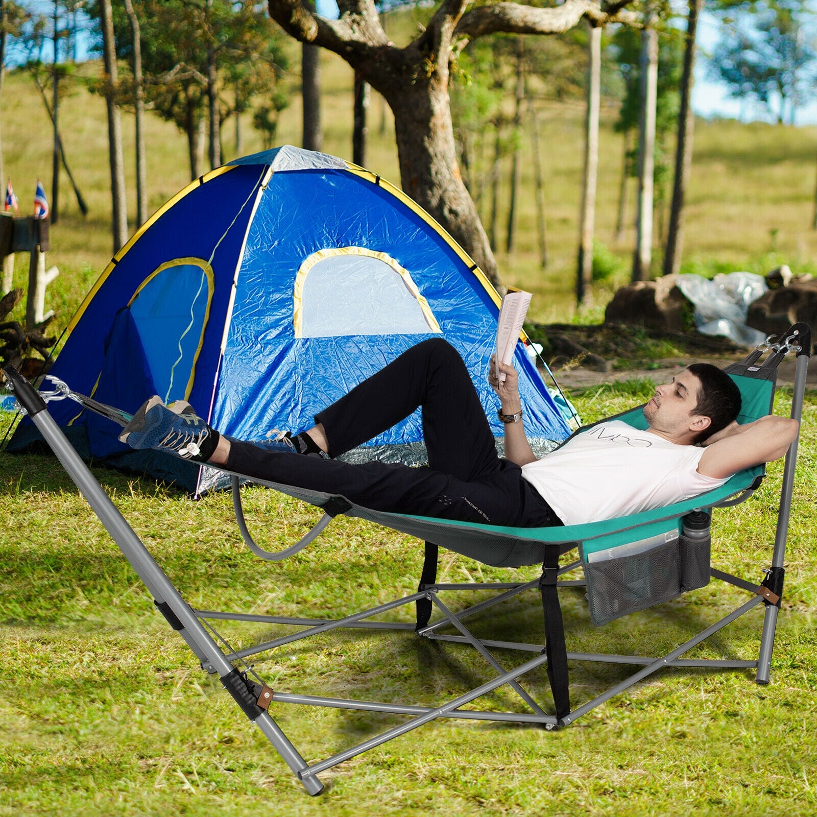 Folding Hammock Indoor Outdoor Hammock with Side Pocket and Iron Stand-Turquoise 