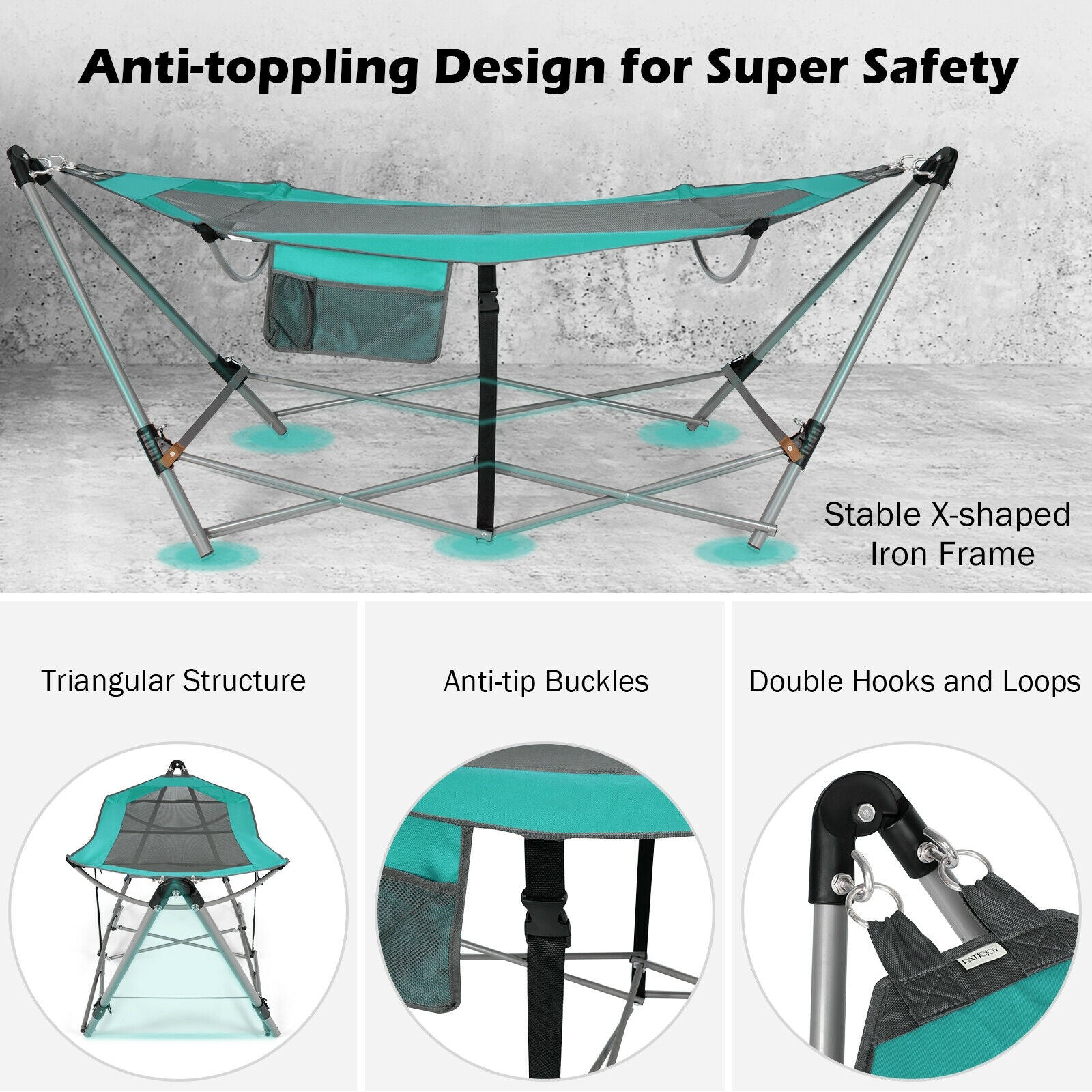 Folding Hammock Indoor Outdoor Hammock with Side Pocket and Iron Stand-Turquoise 