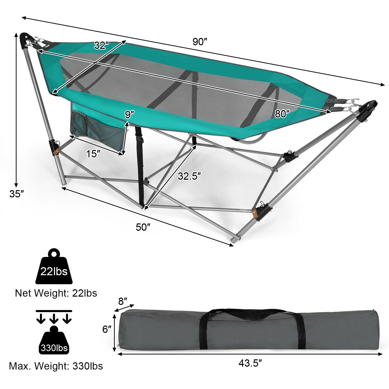 Folding Hammock Indoor Outdoor Hammock with Side Pocket and Iron Stand-Turquoise 