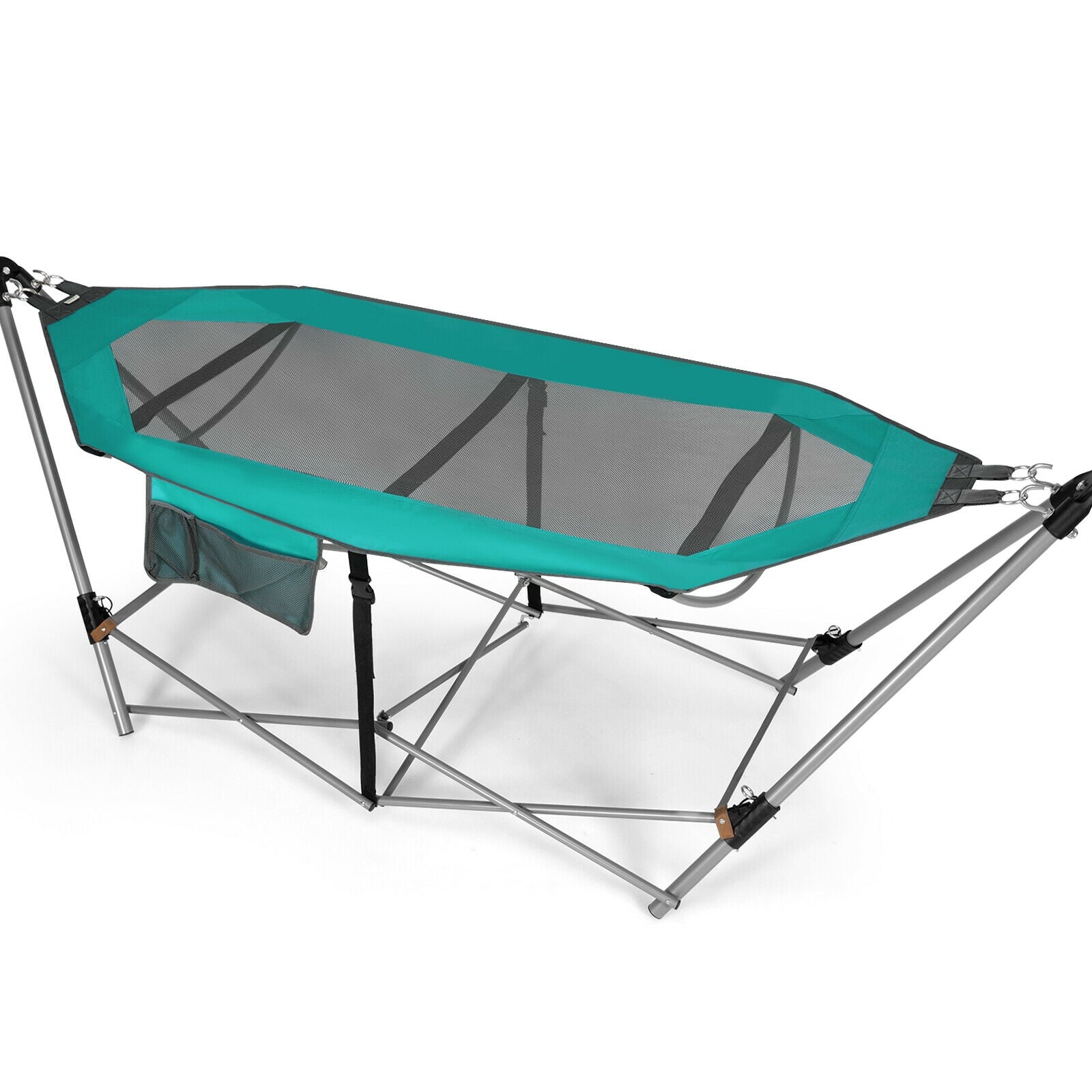 Folding Hammock Indoor Outdoor Hammock with Side Pocket and Iron Stand-Turquoise 