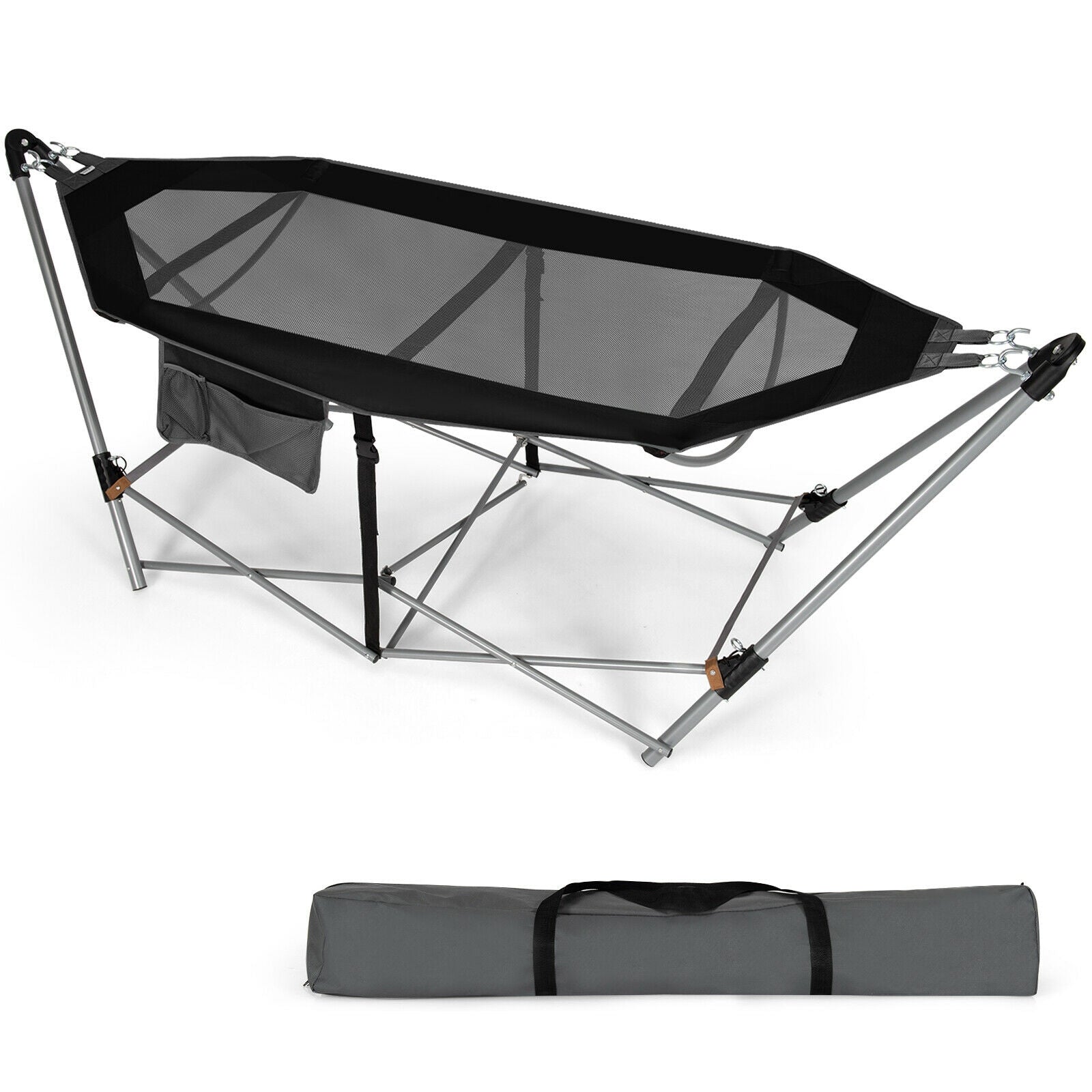 Folding Hammock Indoor Outdoor Hammock with Side Pocket and Iron Stand-Black