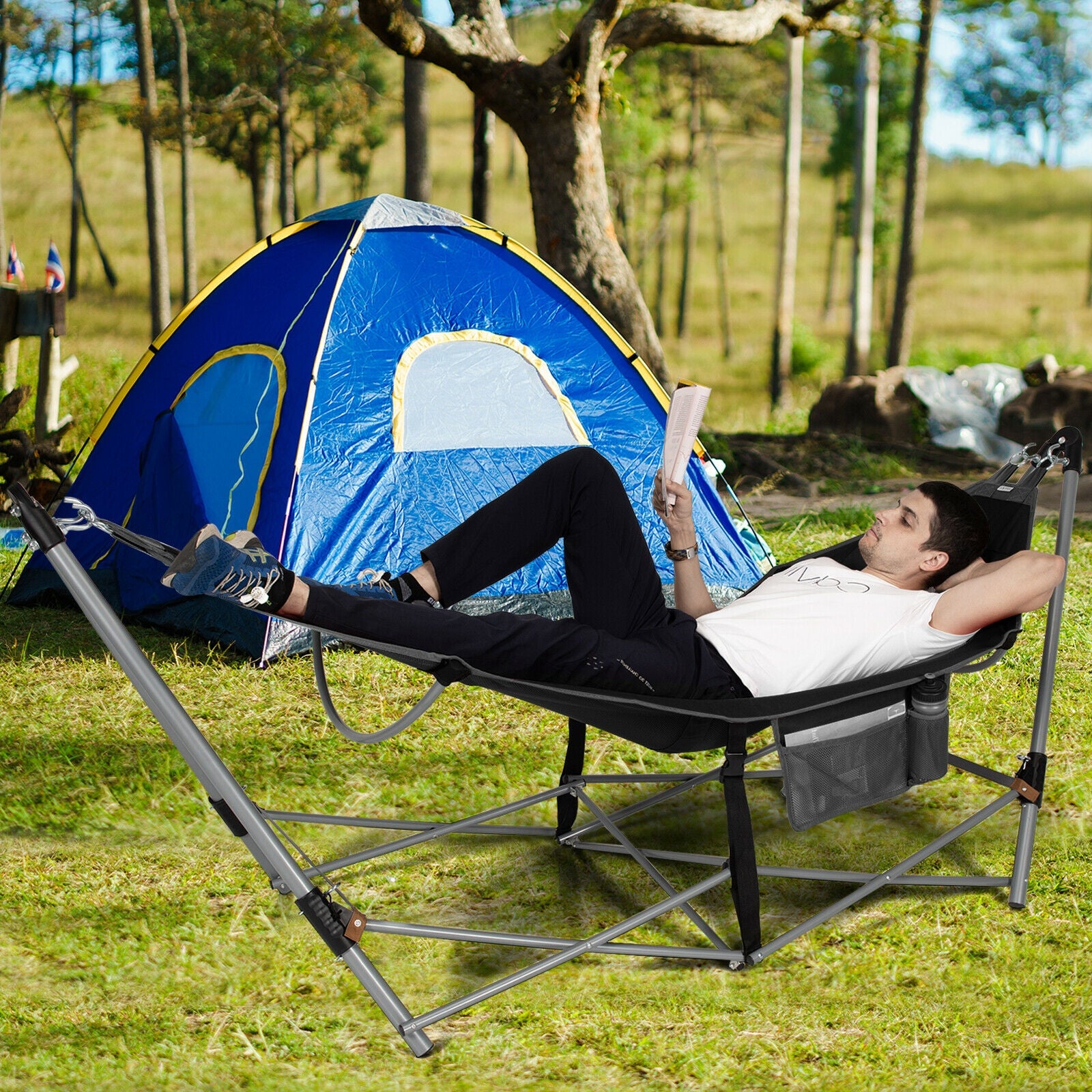 Folding Hammock Indoor Outdoor Hammock with Side Pocket and Iron Stand-Black 