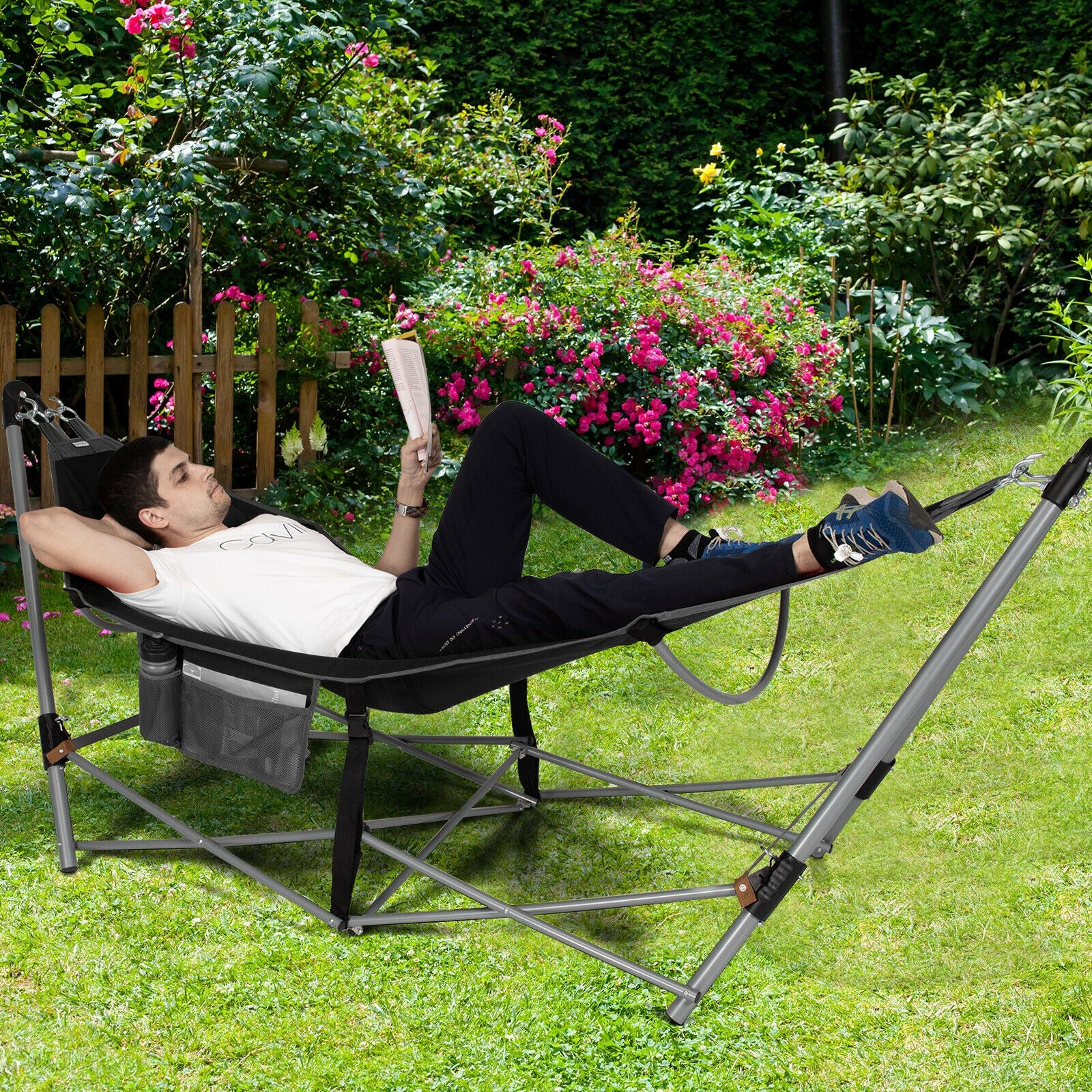 Folding Hammock Indoor Outdoor Hammock with Side Pocket and Iron Stand-Black