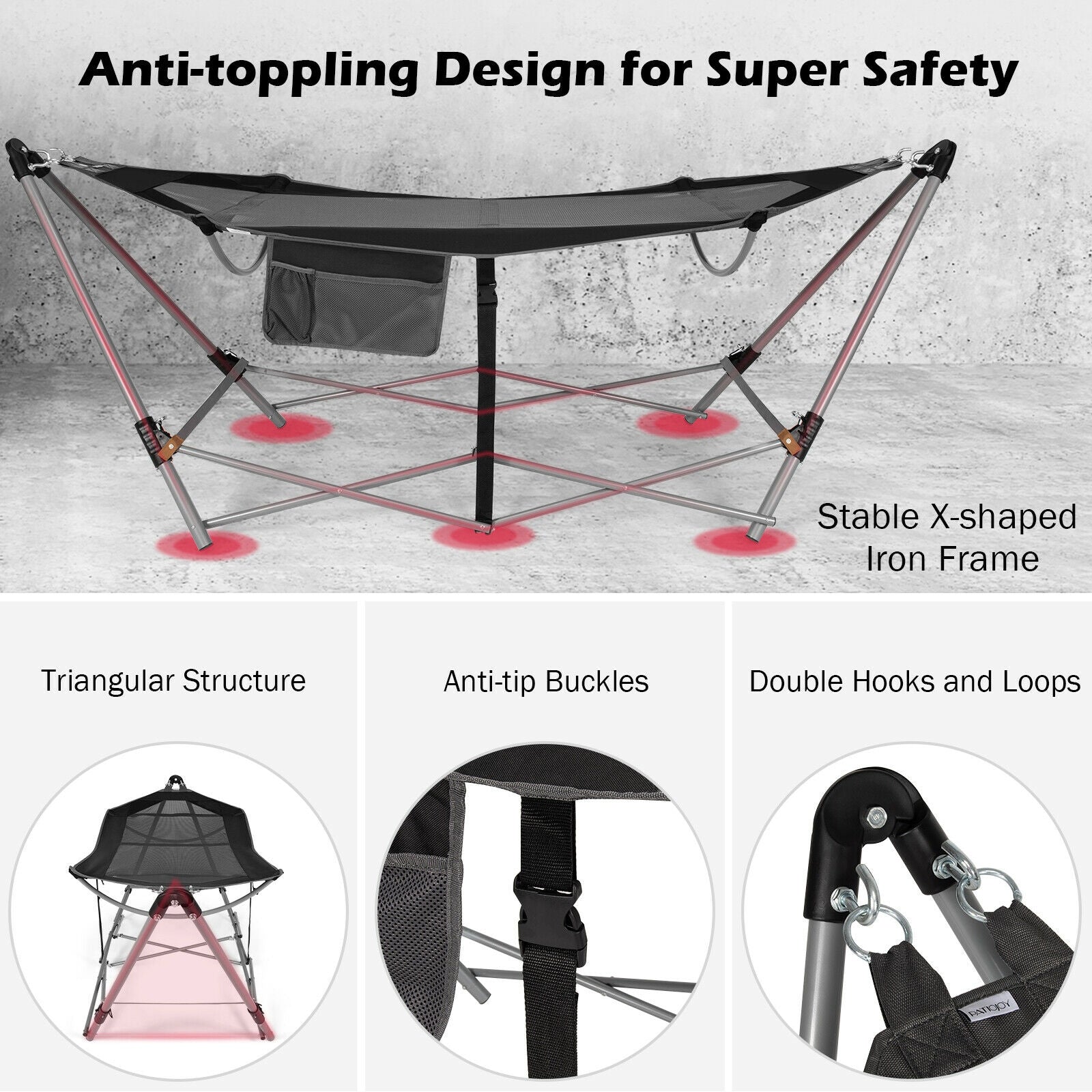 Folding Hammock Indoor Outdoor Hammock with Side Pocket and Iron Stand-Black 